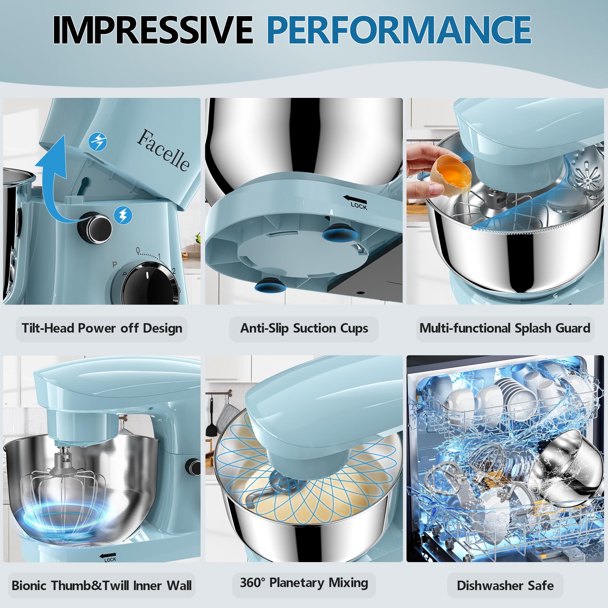 Facelle 10-Speed 6QT Stand Mixer, Tilt-Head Electric Kitchen Mixer with Beater, Dough Hook & Wire Whip - Perfect for Baking Cakes, Cookies, Bread & Pastries at Home (Blue)