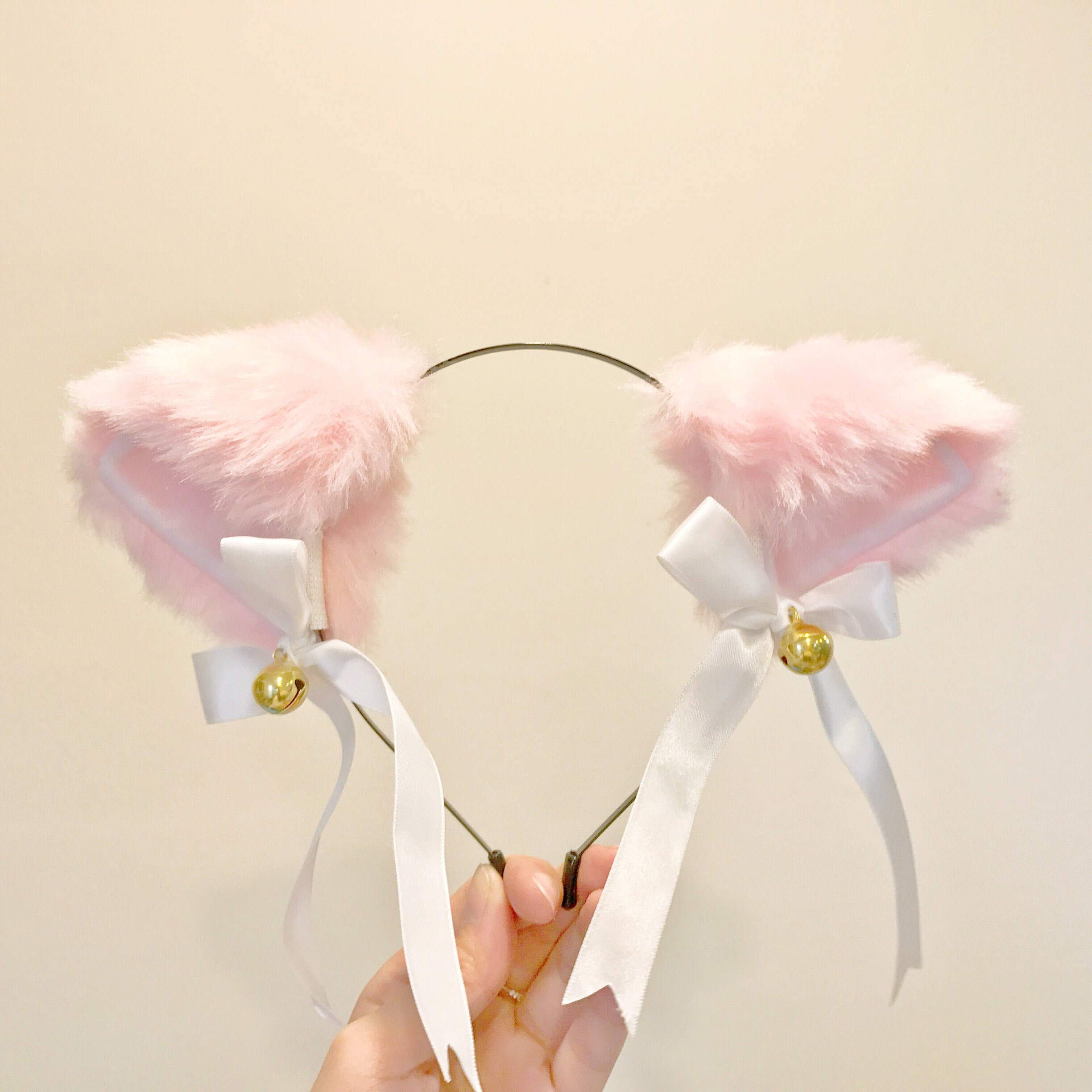 Light Pink Furry Cat Ears Headband with Bow Bells - Cute Kitty Costume Accessory for Cosplay, Halloween, and Party Outfits