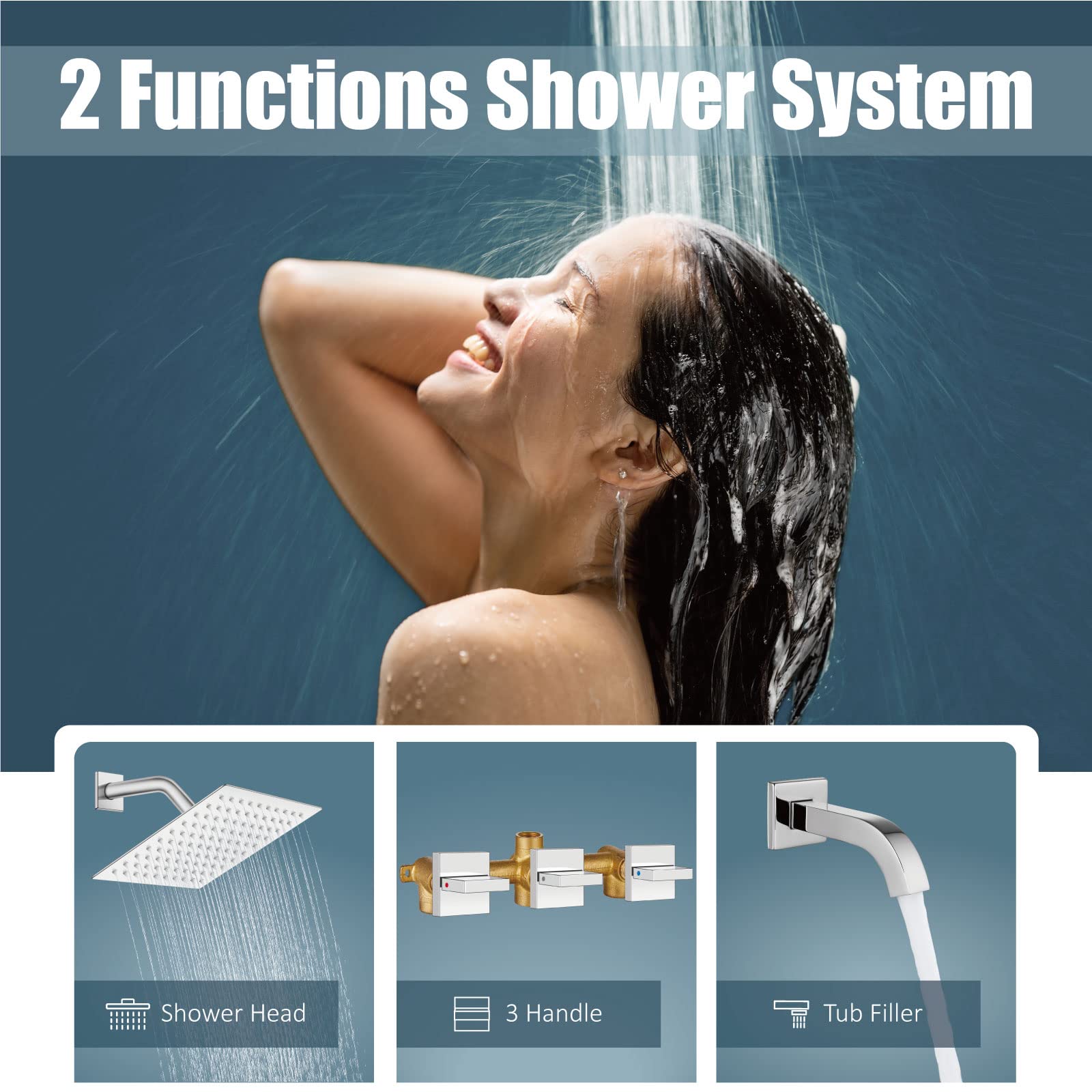 Aolemi 3 Handle Chrome Bathtub Shower Faucet Set with 8 Inch Rainfall Showerhead, Tub Spout & Rough-in Valve - Wall Mount Shower System for Bathroom Remodeling & Luxury Spa Experience