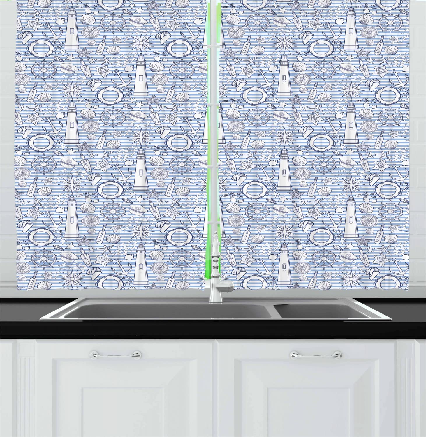 Ambesonne Nautical Long Kitchen Curtains - Ocean Seashell Compass Fish Starfish Marine Design, 2 Panel Rod Pocket Drapes, 55