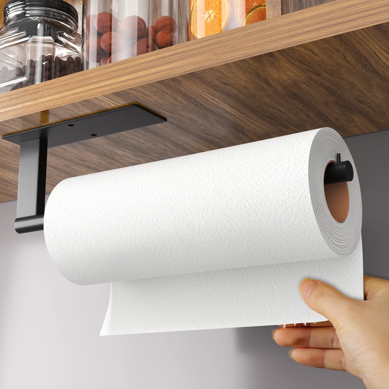 Stainless Steel Under Cabinet Kitchen Roll Holder - Matte Black Paper Towel Rack with Self-Adhesive Mounting for Kitchen, Pantry & Bathroom | Space-Saving Storage Solution for Easy Access to Paper Towels While Cooking or Cleaning
