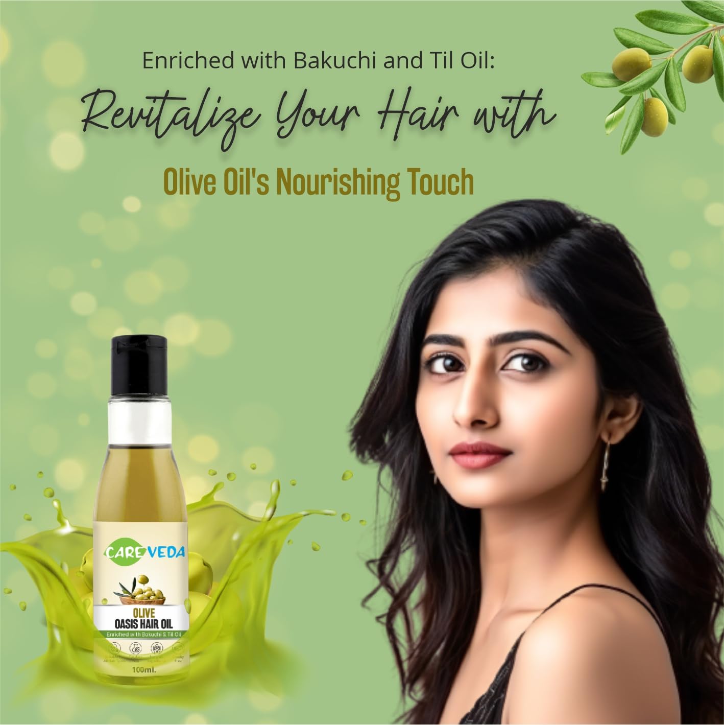CareVeda Olive Oasis Hair Oil with Bakuchi & Til Oil - 100% Natural Hair Treatment for All Hair Types - 100ml (Pack of 3) - Promotes Hair Growth, Reduces Frizz & Adds Shine - Perfect for Daily Hair Care & Scalp Massage