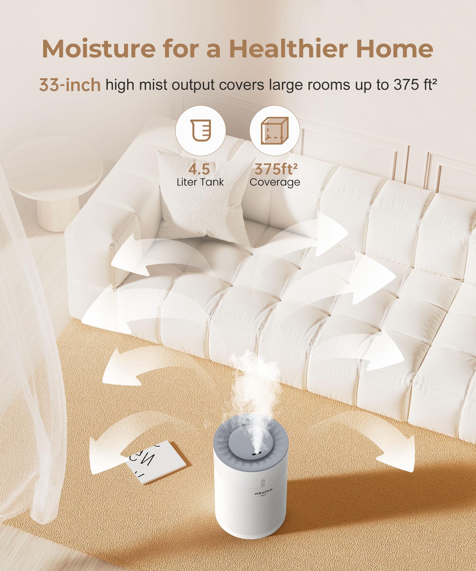 Abolee 4.5L Cool Mist Humidifier with Essential Oil Diffuser - 45 Hour Runtime, Ultra Quiet Ultrasonic Humidifier for Large Rooms, Bedroom, Nursery & Plants | 360° Nozzle | Perfect for Dry Air Relief, Better Sleep & Plant Care