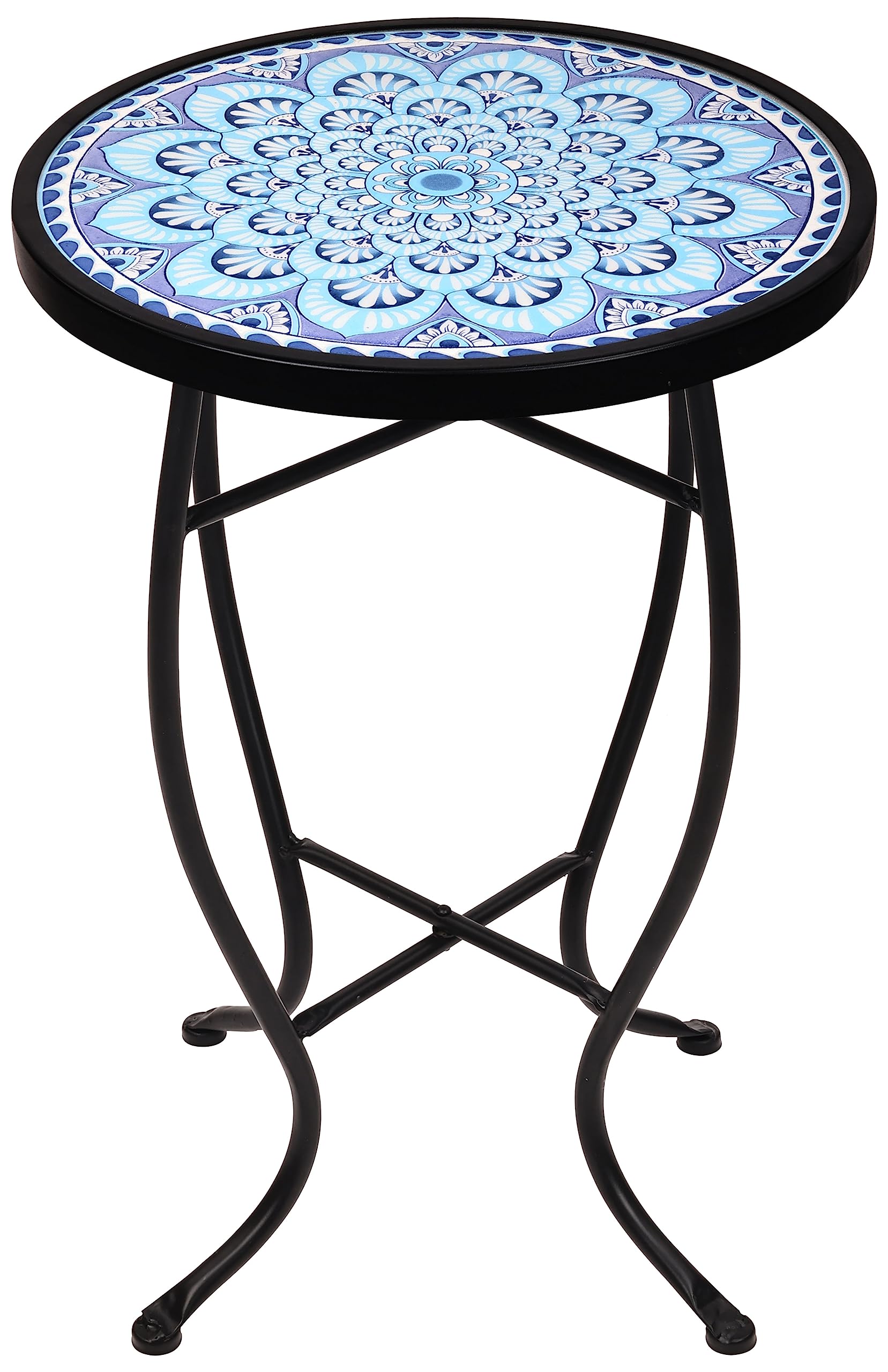 14 Inch Round Ceramic Tile Top Side Table for Indoor & Outdoor Use - Greek Pattern Accent Table - Perfect for Patio, Garden, or Living Room Decor