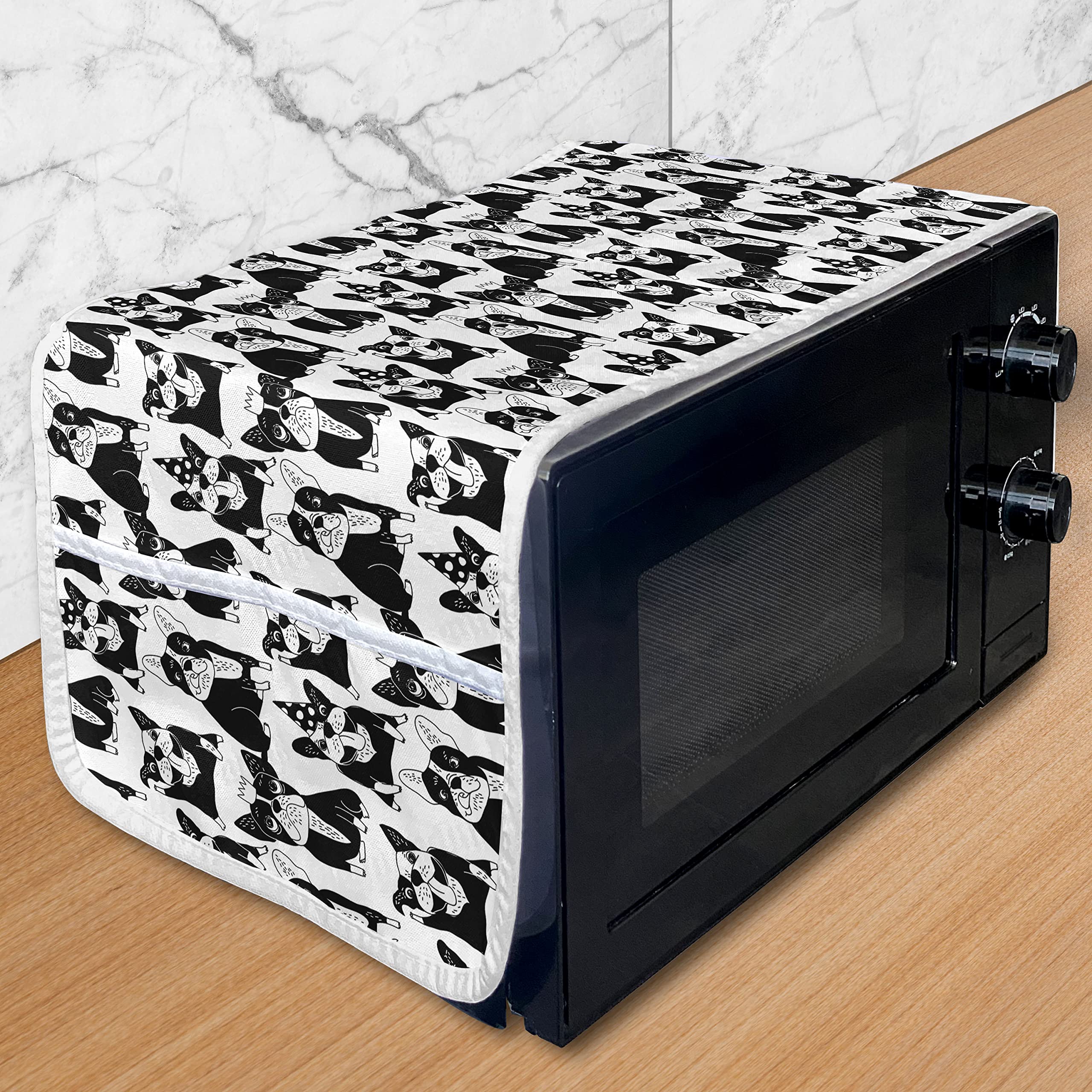 Ambesonne Bulldog Microwave Cover - Fun Doodle Style Pet Pattern with Party Hats, Water Resistant Kitchen Organizer with Pockets, 36x12 Inches, Black & White - Perfect for Pet Lovers' Kitchen Decor & Microwave Protection