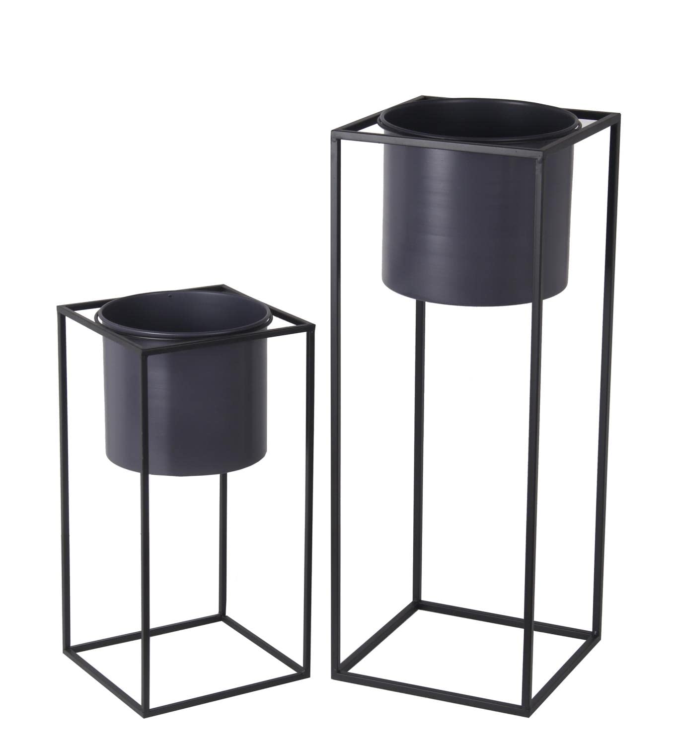 Premium Metal Planters with Square Stands - Charcoal Gray & Black (Set of 2) - Indoor/Outdoor Modern Home & Garden Decor for Living Room, Patio, Balcony