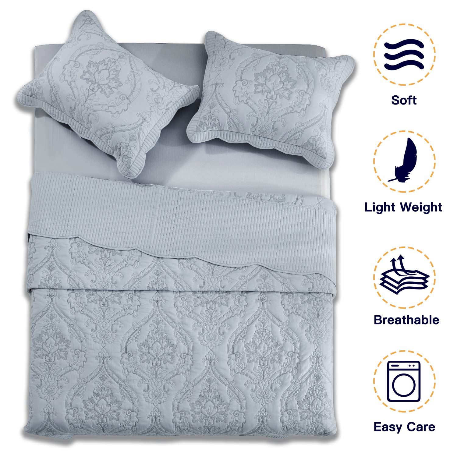 CHIXIN Queen Size Reversible Bedspread Coverlet Set - 4 Piece Lightweight Bedding with Damask Paisley Pattern - Beautiful Stitching & Breathable Fabric (Light Grey) - Perfect for Master Bedroom, Guest Room & Dorm Decor