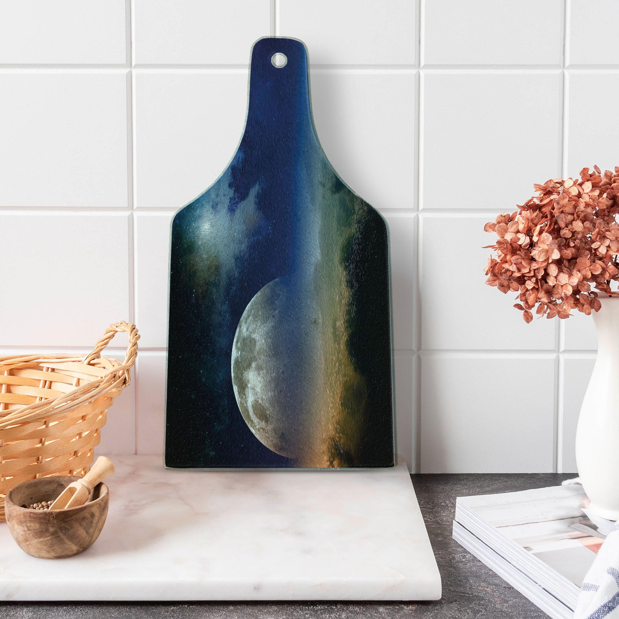 Ambesonne Moon Tempered Glass Cutting Board - Celestial Full Moon with Shooting Star Night Sky Design - Navy Blue, White & Apricot Decorative Serving Board for Kitchen, Charcuterie & Wine Pairing - Perfect for Entertaining, Housewarming Gifts & Cheese Platter Presentation