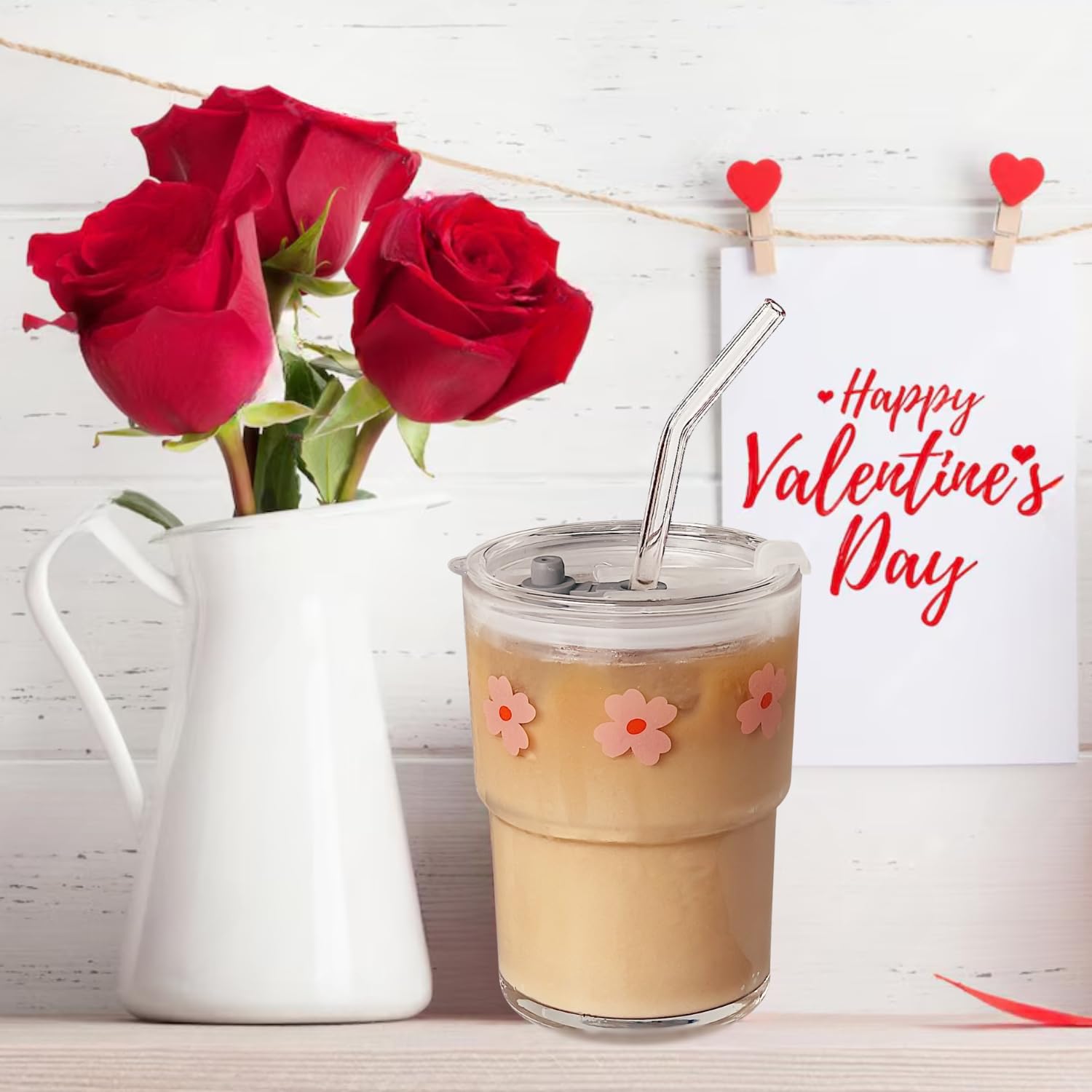 13oz Glass Tumbler with Glass Straw & Lid - Reusable Iced Coffee Cup, Water Bottle, Drinking Glass - Perfect for Iced Coffee, Tea, Smoothies & Cold Drinks - Pink Floral Design