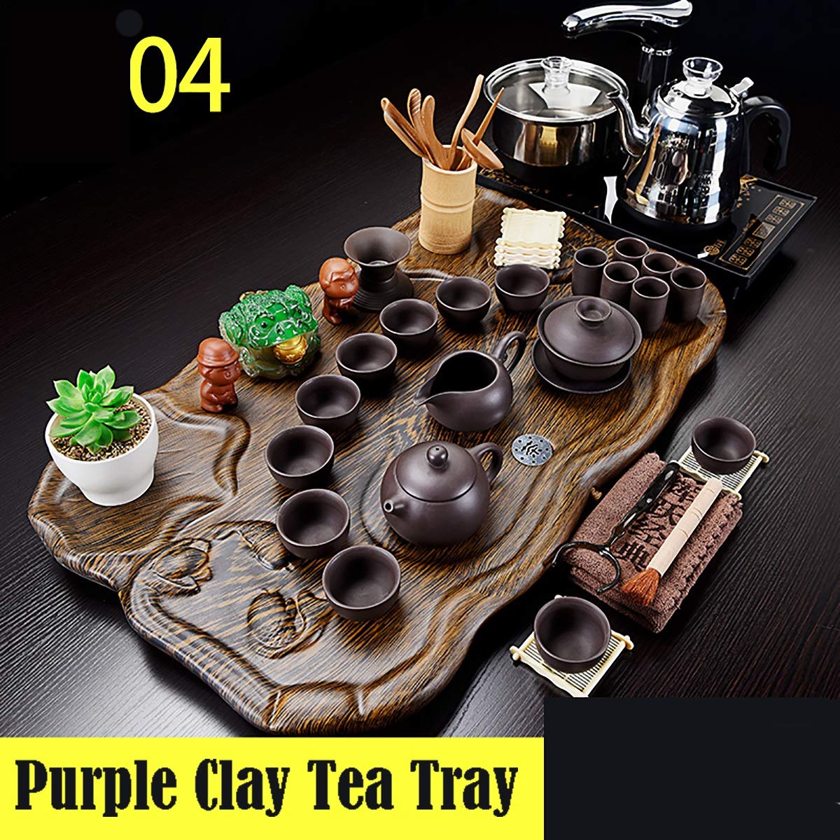 Premium Chinese Kung Fu Tea Set with Solid Wood Tea Tray - Complete Ceremonial Tea Service with Automatic Water Heater, Tea Cups & Drainage System - Perfect for Home Tea Ceremonies, Zen Meditation Spaces & Asian-Themed Decor