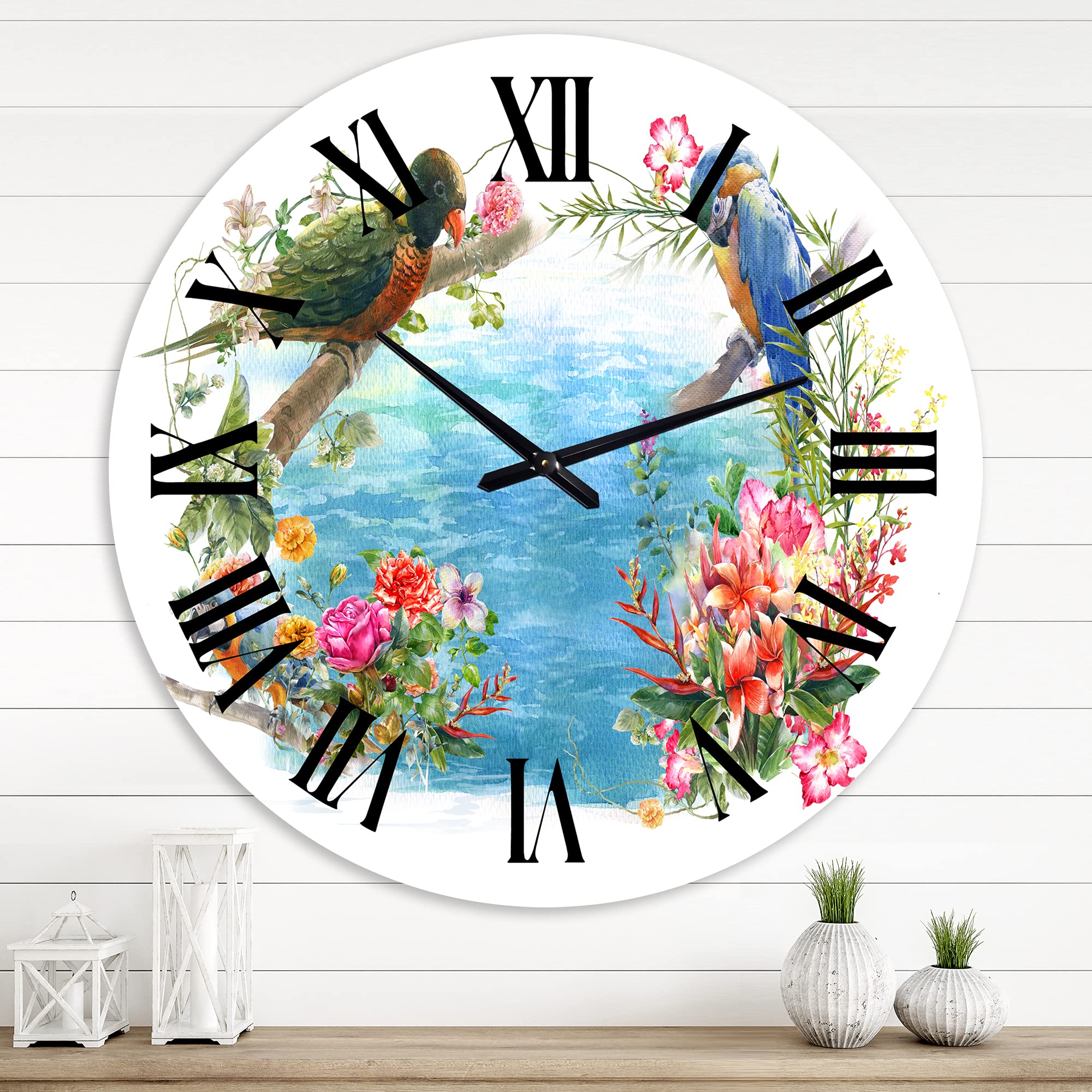 DesignQ Traditional Wall Clock - Birds and Flowers by The Blue Waterside - Large Decorative Wall Clock for Bedroom, Living Room, Office - Vintage Home Decor with Nature Theme