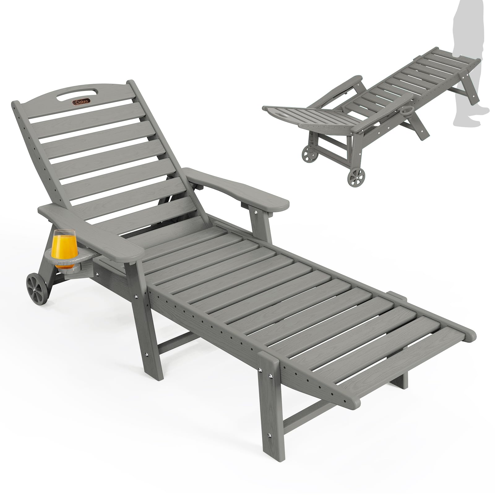 Outdoor Lounge Chair with 5 Adjustable Positions, Oversized Patio Chaise Lounge with Wheels & Cup Holder - Durable HDPE Material for Poolside, Deck, Backyard Relaxation - Grey