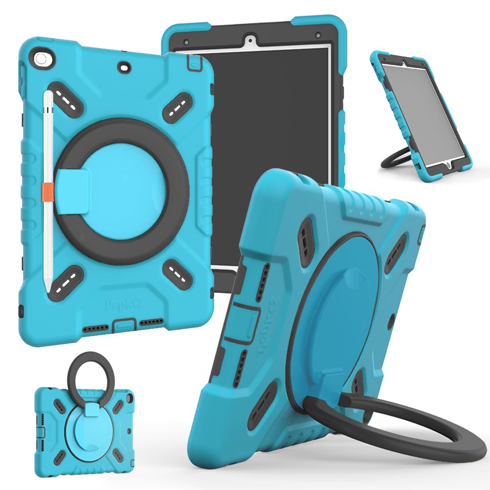 NLR FUN Pepkoo 4-Layer Shockproof Case for iPad 9th/8th/7th Gen (10.2” iPad 2021/2020/2019) & iPad Air 3rd Gen (10.5” iPad Air 2019) - Heavy Duty Protective Cover with Kickstand, Handle, Pencil Holder & Shoulder Strap - Perfect for School, Work, Travel & Outdoor Use (Blue)