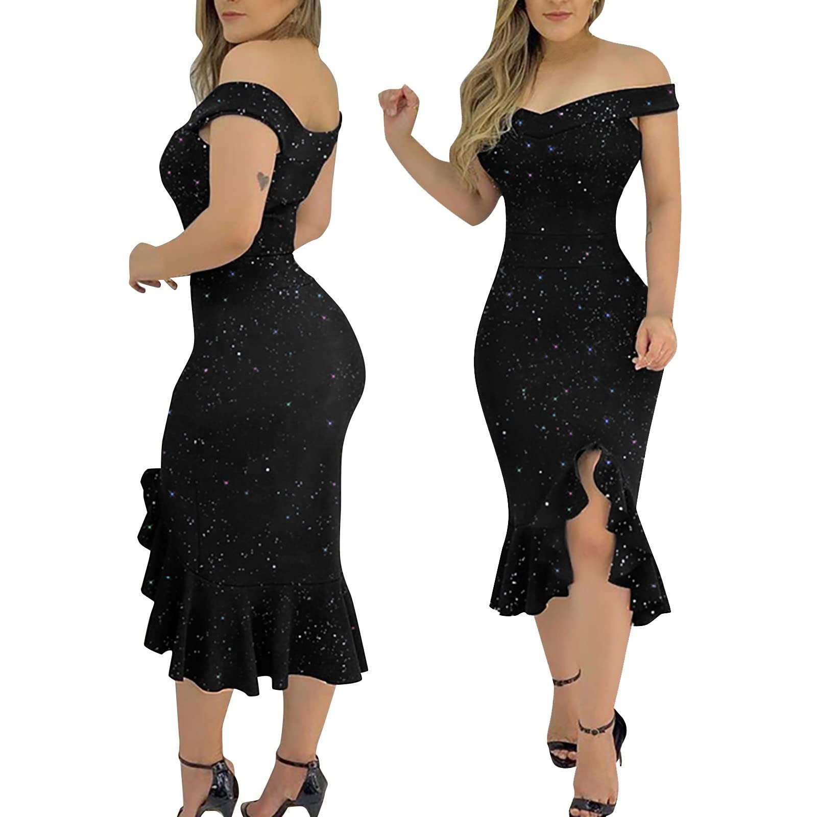 Sexy Off Shoulder Summer Dress for Women - Short Sleeve Sequin Ruffle Cocktail Dress with Unique Asymmetrical Hem | Perfect for Beach Parties, Date Nights & Club Outings