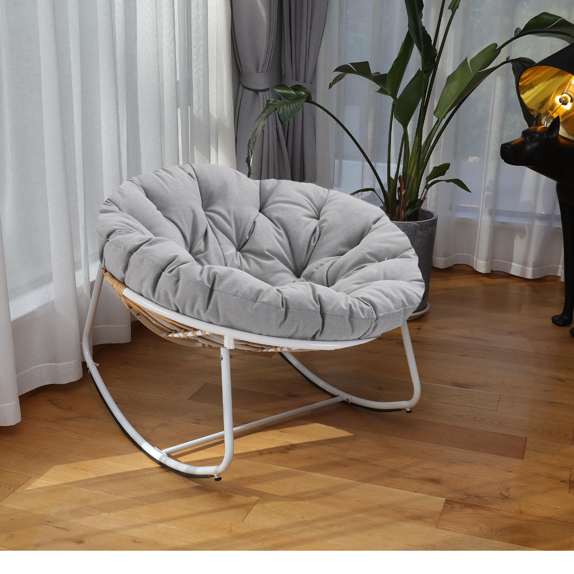 Outdoor Round Rocking Chair - Patio Wicker Egg Chair with Light Gray Padded Cushion | Oversized Comfy Papasan Chair & Royal Rattan Rocker for Living Room, Front Porch, Garden, Balcony | Perfect for Relaxing, Reading & Sunbathing