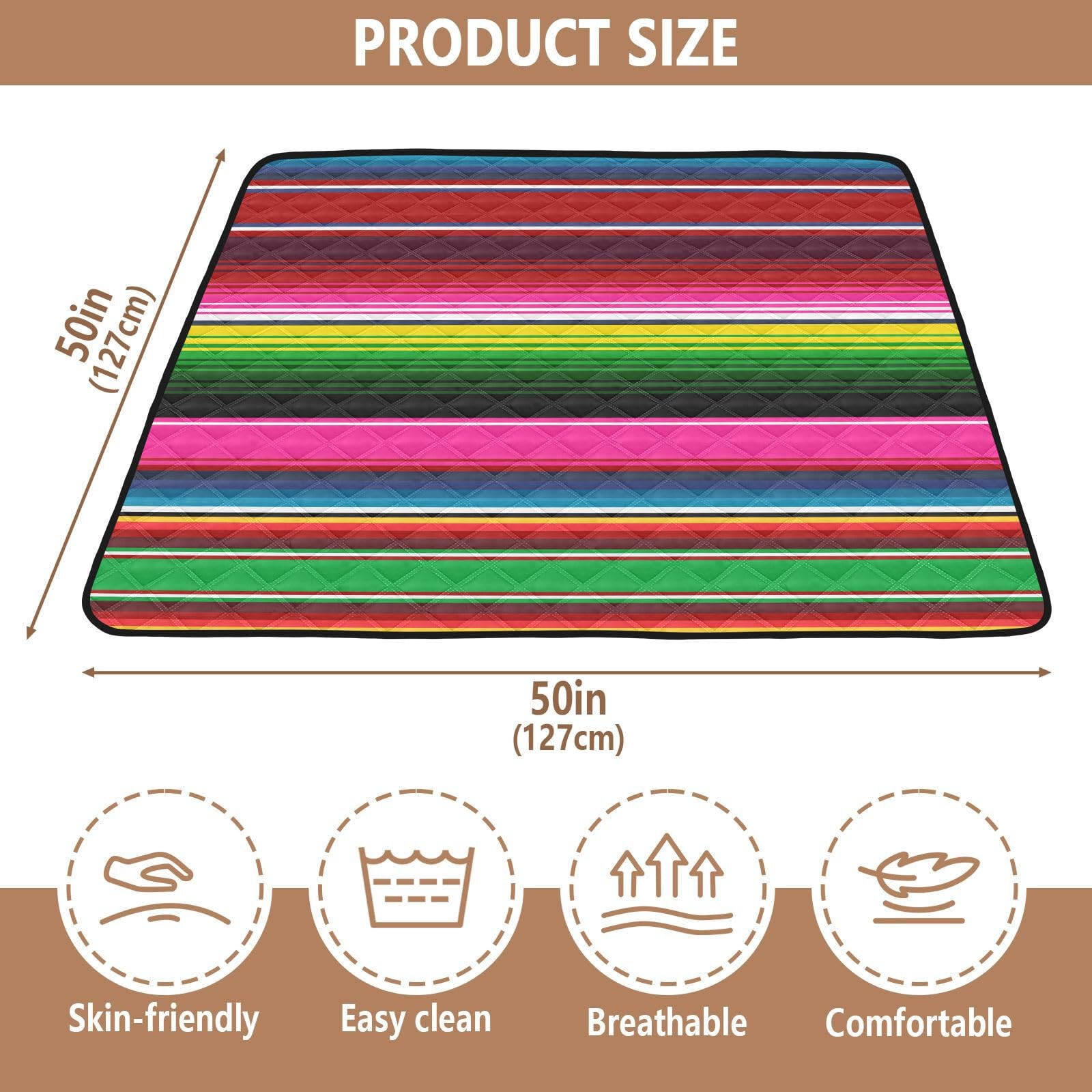Soft Mexican Serape Stripe Baby Play Mat - 50'' x 50'' Washable Foam Activity Mat for Infants & Toddlers | Indoor/Outdoor Tummy Time & Crawling Mat - Perfect for Nursery, Playroom, Park & Beach
