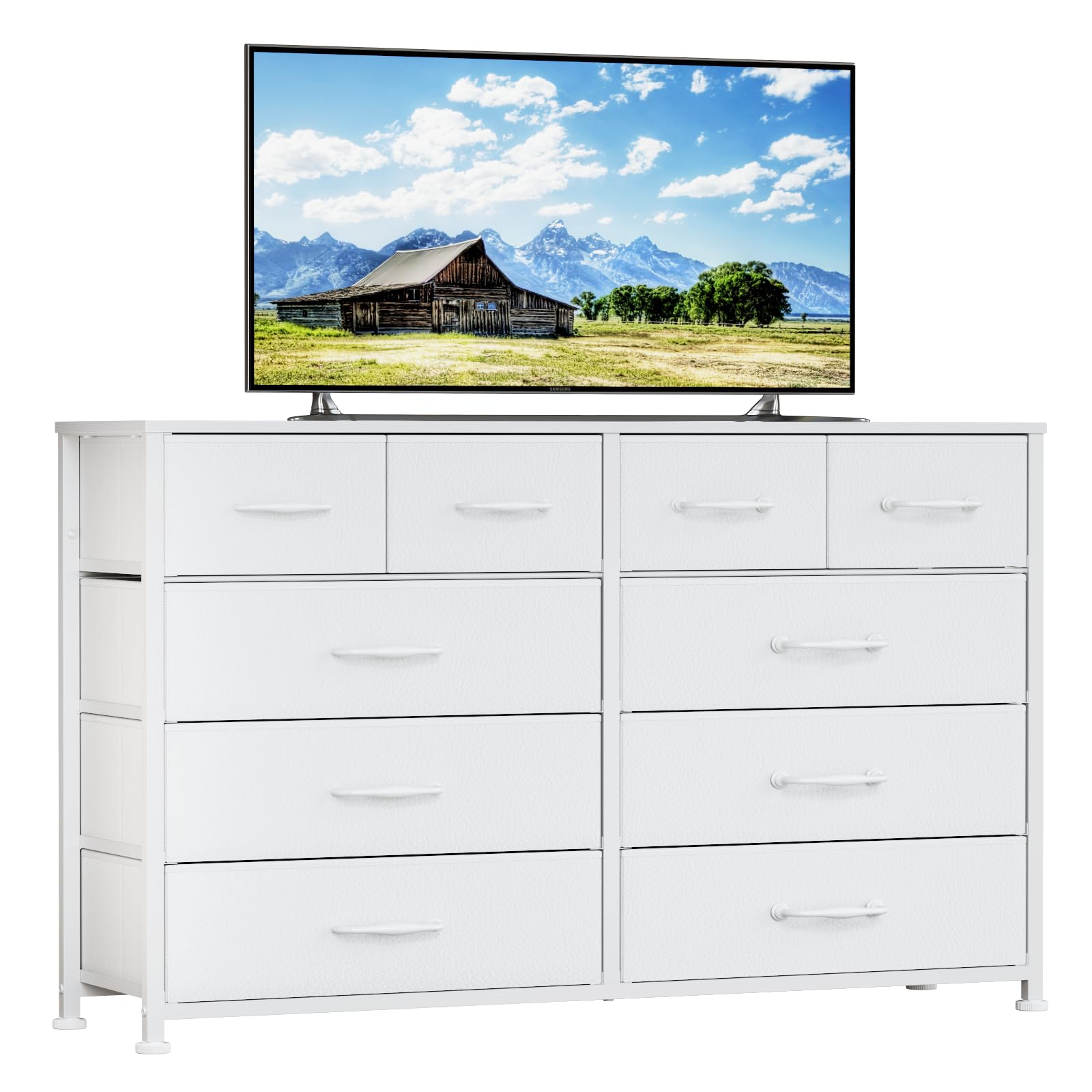 Furnulem White 55-Inch TV Stand Dresser - 10-Drawer Storage Cabinet with Sturdy Metal Frame for Bedroom, Living Room & Entryway | Perfect as TV Stand, Entertainment Center & Tall Storage Organizer