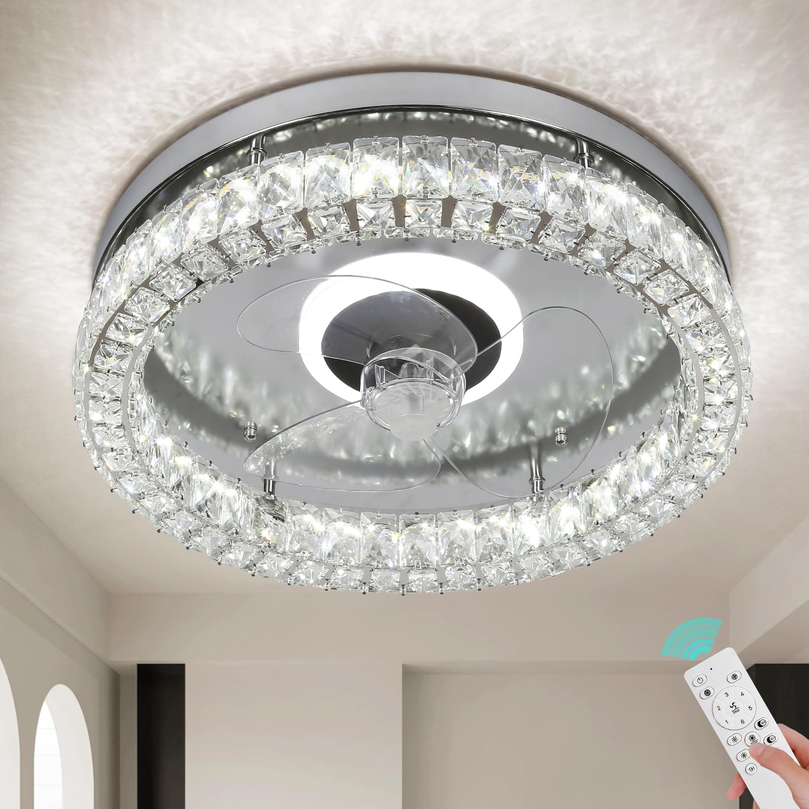 CLAIRDAI Modern Crystal Flush Mount Ceiling Fan with Lights - Remote Control, Dimmable LED Fandelier, Low Profile Design (Chrome) - Perfect for Bedroom, Living Room & Dining Room Lighting