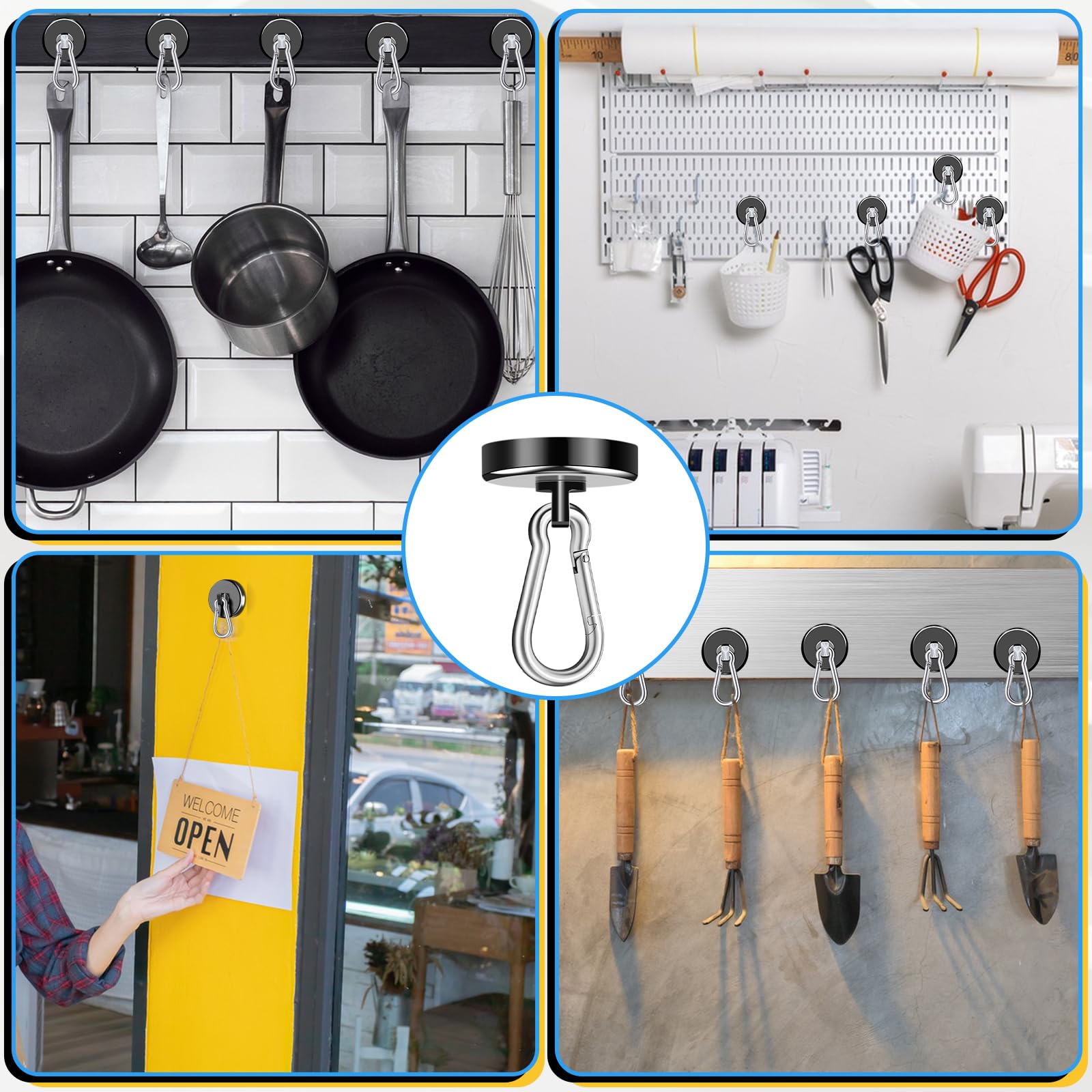 Super Strong Magnetic Hooks 150Lbs Heavy Duty - 4 Pack Neodymium Magnet Hangers with Swivel Carabiner for Cruise, Toolbox, Grill, Cabin - Perfect for Hanging Kitchen Utensils, Tools, Decor & Outdoor Gear