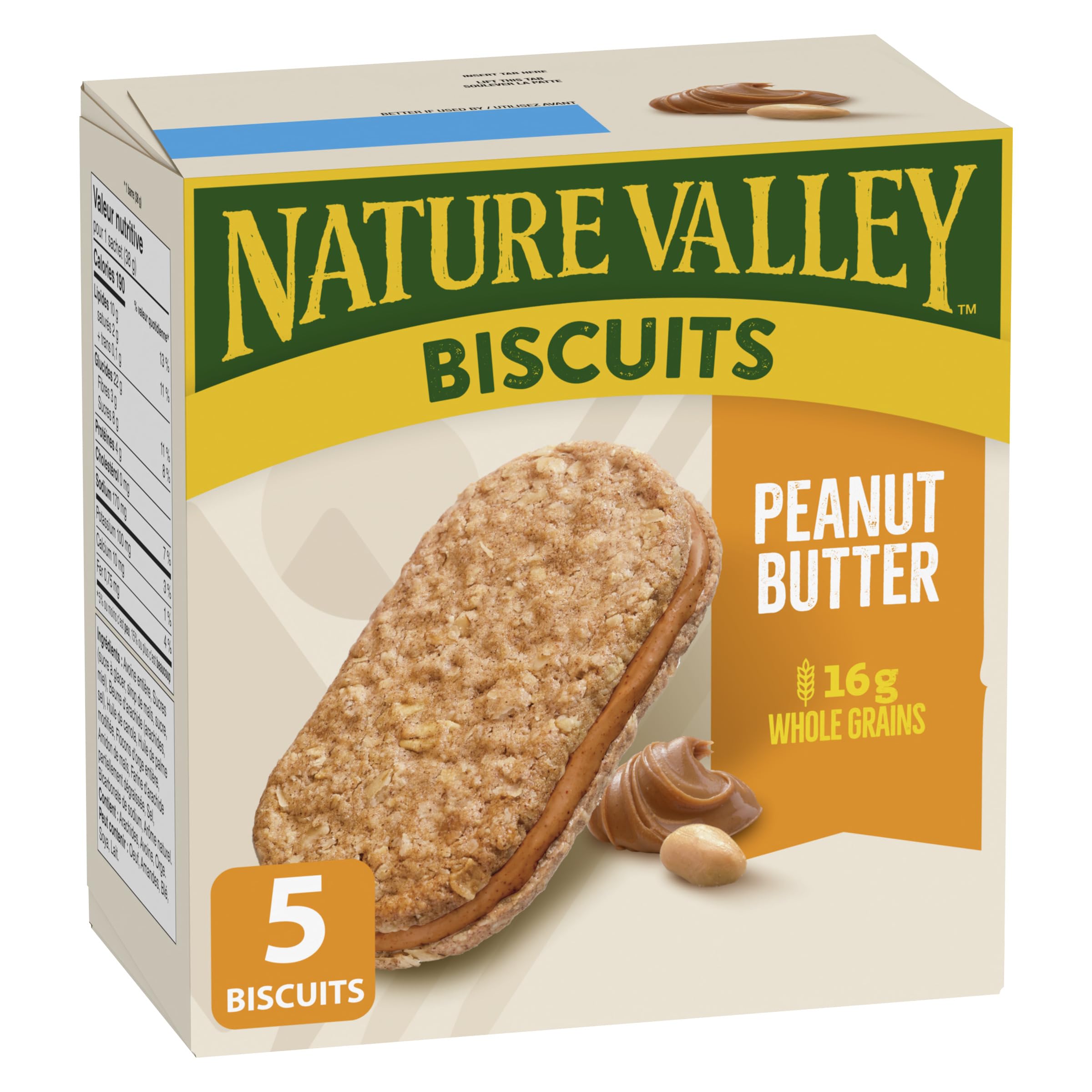 NATURE VALLEY Peanut Butter Oat Biscuits - 5 Pack | No Artificial Colors or Flavors | Healthy Snack for Hiking, Office & School Lunch