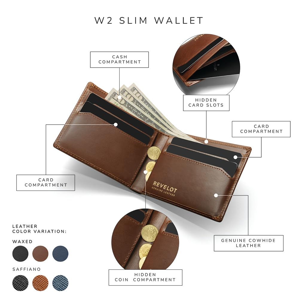 Classic Slim RFID Blocking Genuine Leather Wallet - Brown Saffiano W2 | Minimalist Front Pocket Wallet for Men | Perfect for Travel, Business & Everyday Carry
