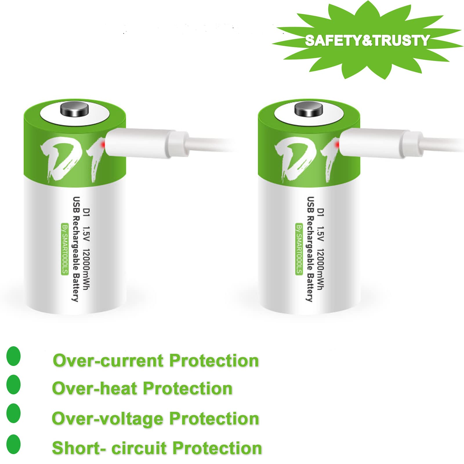 2 Pack Rechargeable D Batteries 12000mWh - 1.5V Lithium Ion D Cell Batteries with USB Type C Charger - Long Lasting Power for Flashlights, Toys, Trash Cans & Emergency Devices