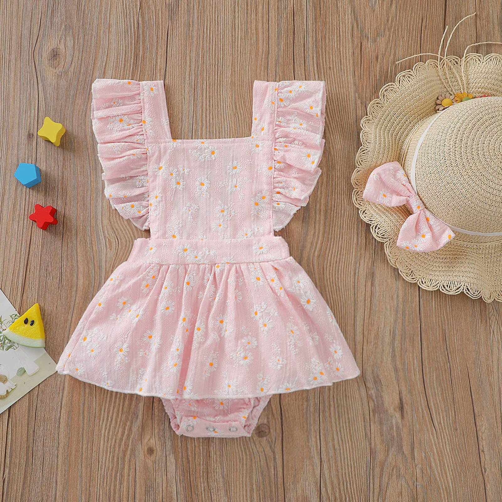 Newborn Baby Girl Clothes - Daisy Print Romper Dress with Flutter Sleeves | One-Piece Jumpsuit & Headband Set | Perfect for Summer Outfits, Photo Shoots & Special Occasions