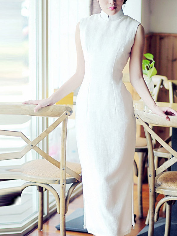 Elegant White Ramie Tea-Length Qipao Cheongsam Dress for Women | Vintage Chinese Party Dress | Perfect for Weddings, Banquets & Special Occasions