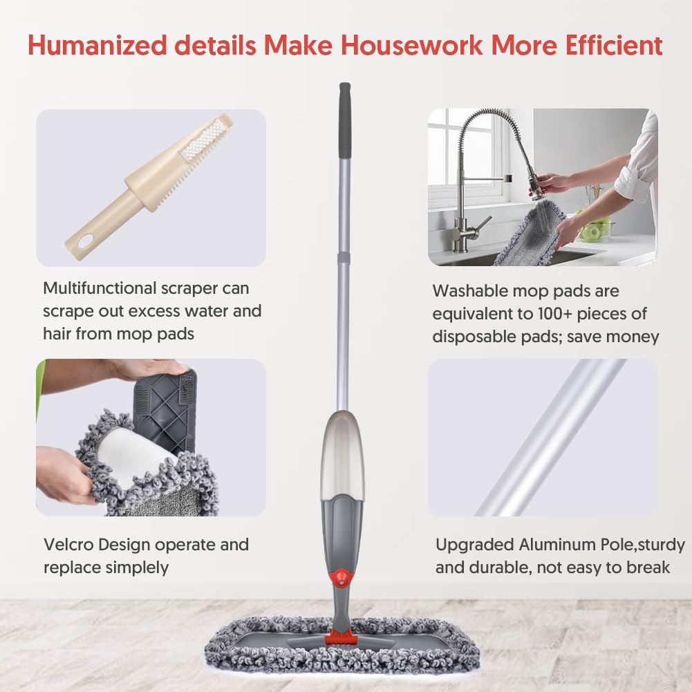 Domi-patrol Spray Mop for Hardwood Floors - Microfiber Wet Dry Mop with 8 Washable Pads & Refillable Bottle - Perfect for Tile, Laminate & Hardwood Floor Cleaning - Ideal for Kitchen, Bathroom & Living Room Cleaning
