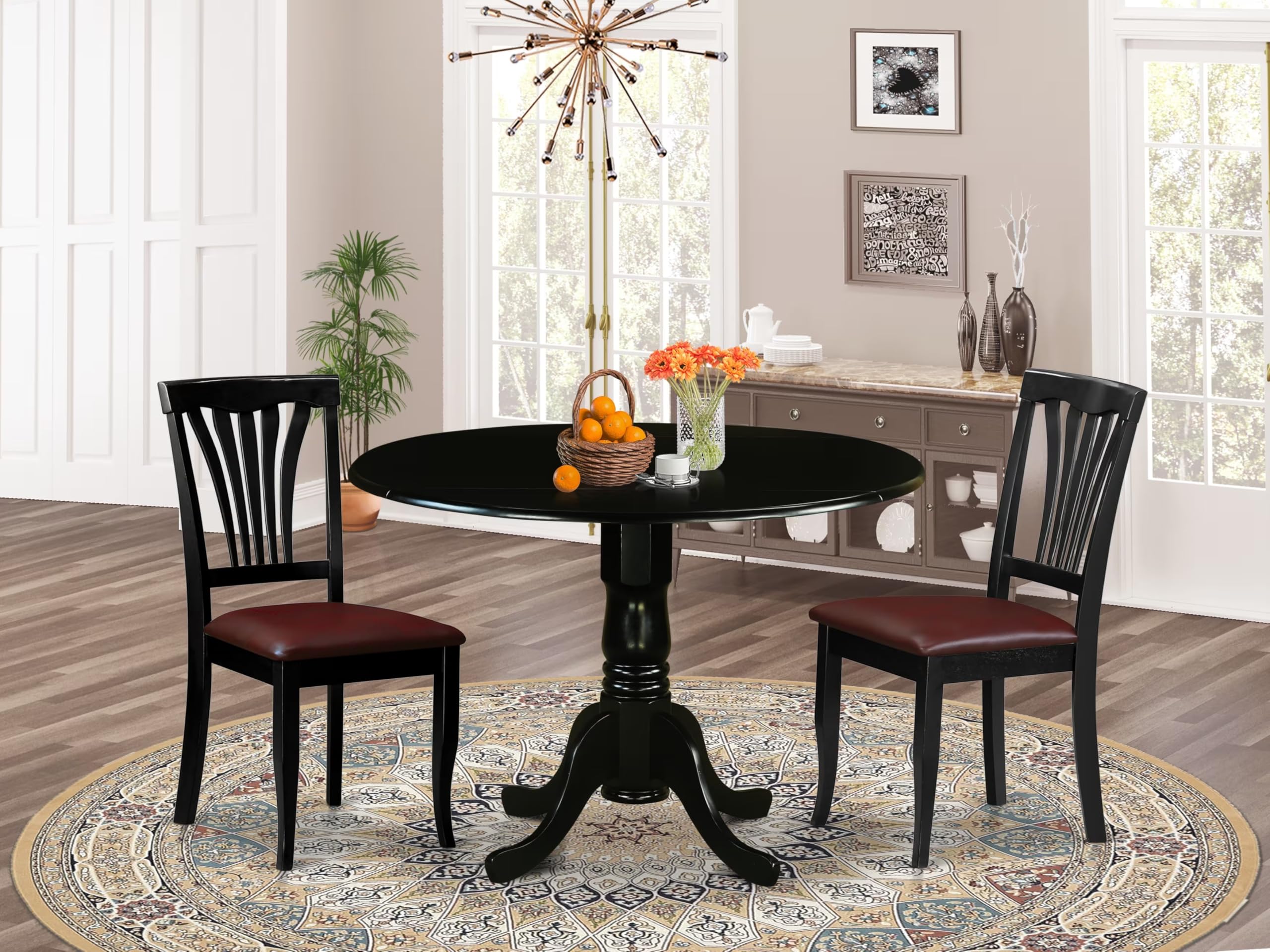 East West Furniture 3 Piece Dining Set - Round Drop Leaf Table & 2 Faux Leather Chairs, 42x42 Inch, Black | Perfect for Small Spaces, Apartments & Cozy Kitchen Dining Areas