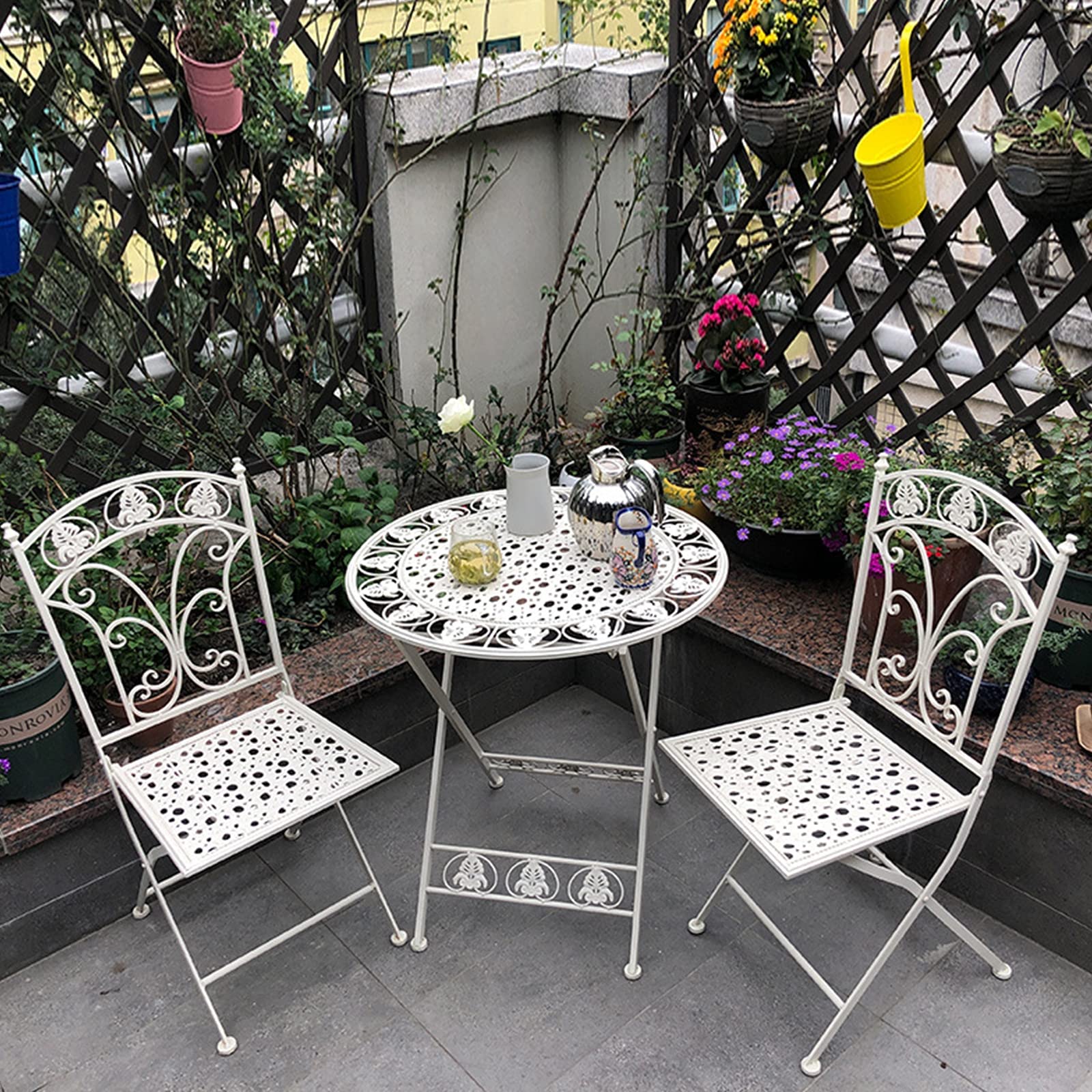 WANGLE Courtyard Tavern Side Table Set - 3-Piece Foldable Outdoor Patio Furniture with Chairs, White - Perfect for Backyard, Garden, Balcony & Small Space Decor