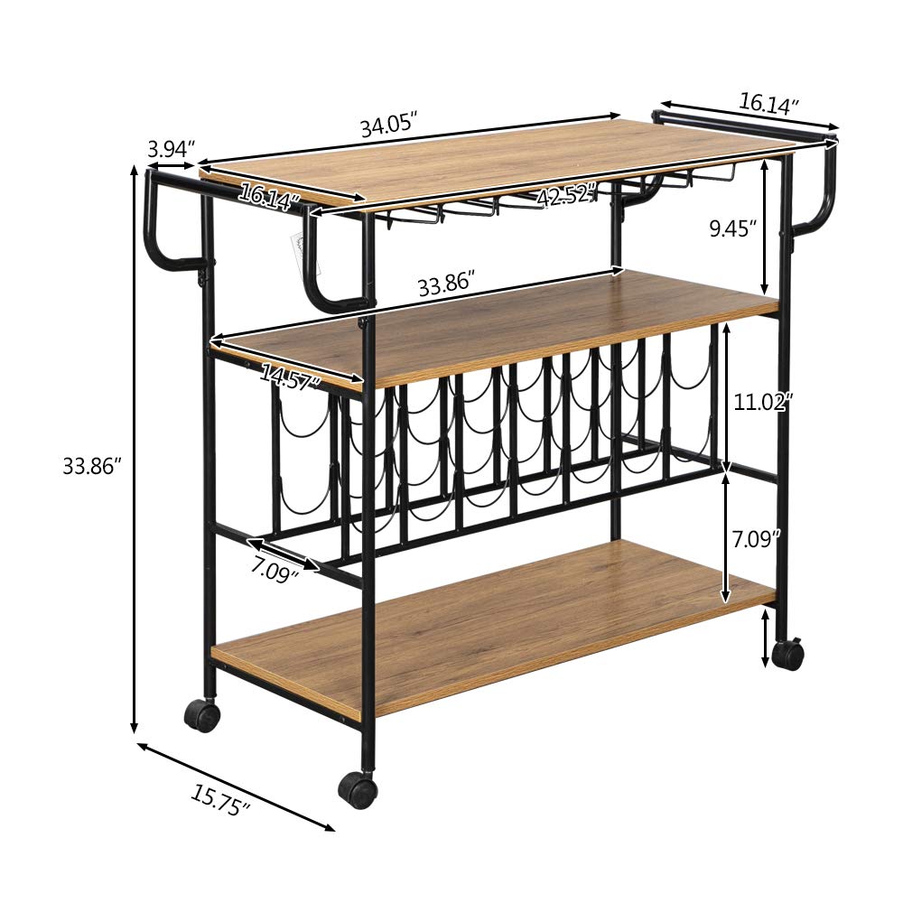 Industrial Wine Cart with Wine Rack & Glass Holder - Rolling Kitchen Bar Serving Cart with Locking Casters & Handle - Perfect for Home, Restaurant, or Party Use (Brown)