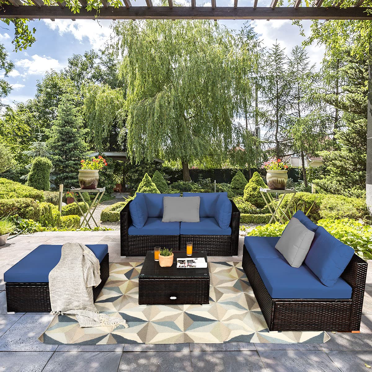 Tangkula 6-Piece Outdoor Patio Furniture Set - Durable Steel Frame PE Rattan Wicker Sectional Sofa with Coffee Table for Deck, Lawn, Backyard (Blue) | Perfect for Garden Parties, Poolside Lounging & Outdoor Entertaining