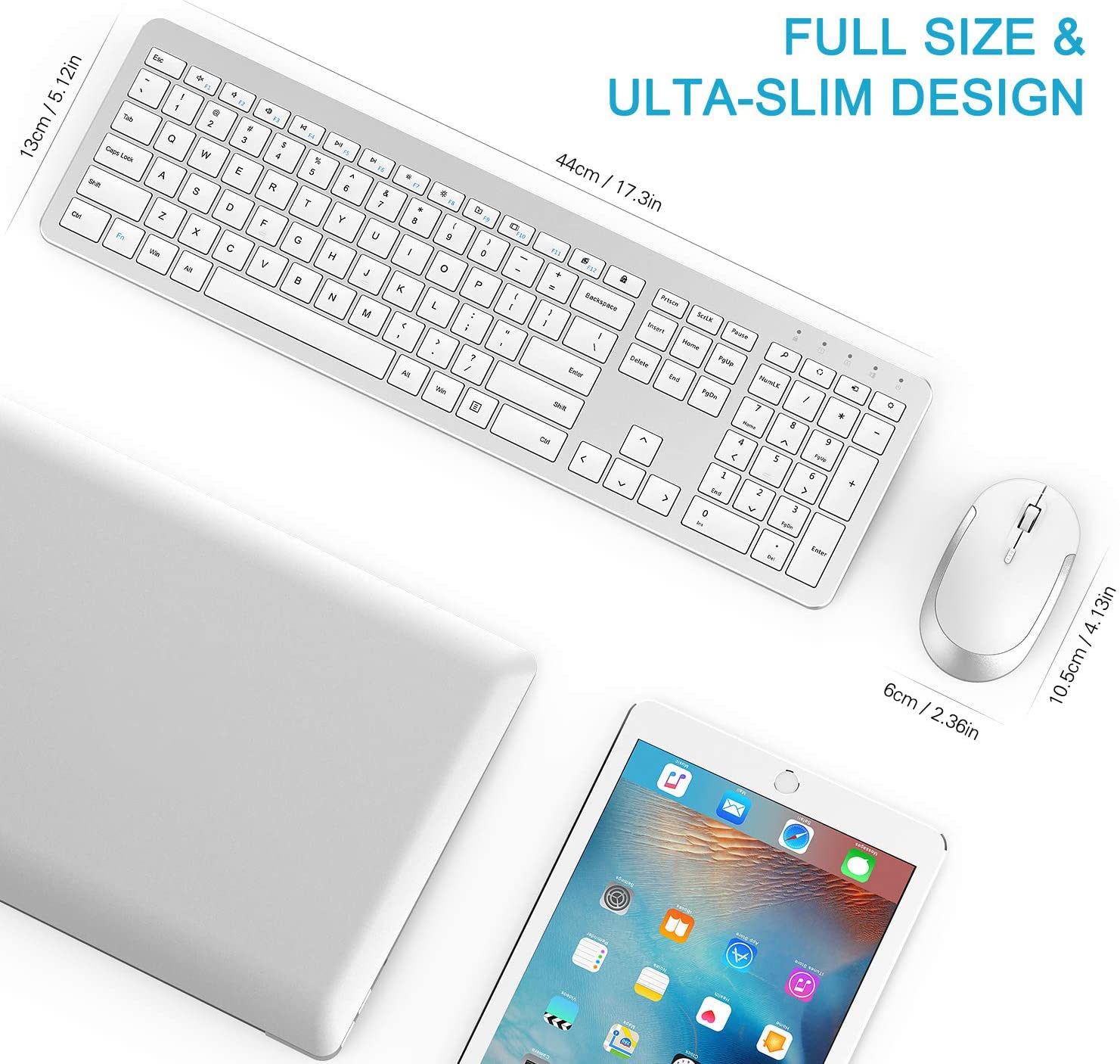 Slim Wireless Keyboard and Mouse Combo with Numeric Keypad - 2.4G Full Size Wireless Keyboard & Mouse Set with Adjustable DPI, Stable Connection (White & Silver) for Home Office, Gaming, and Productivity Work