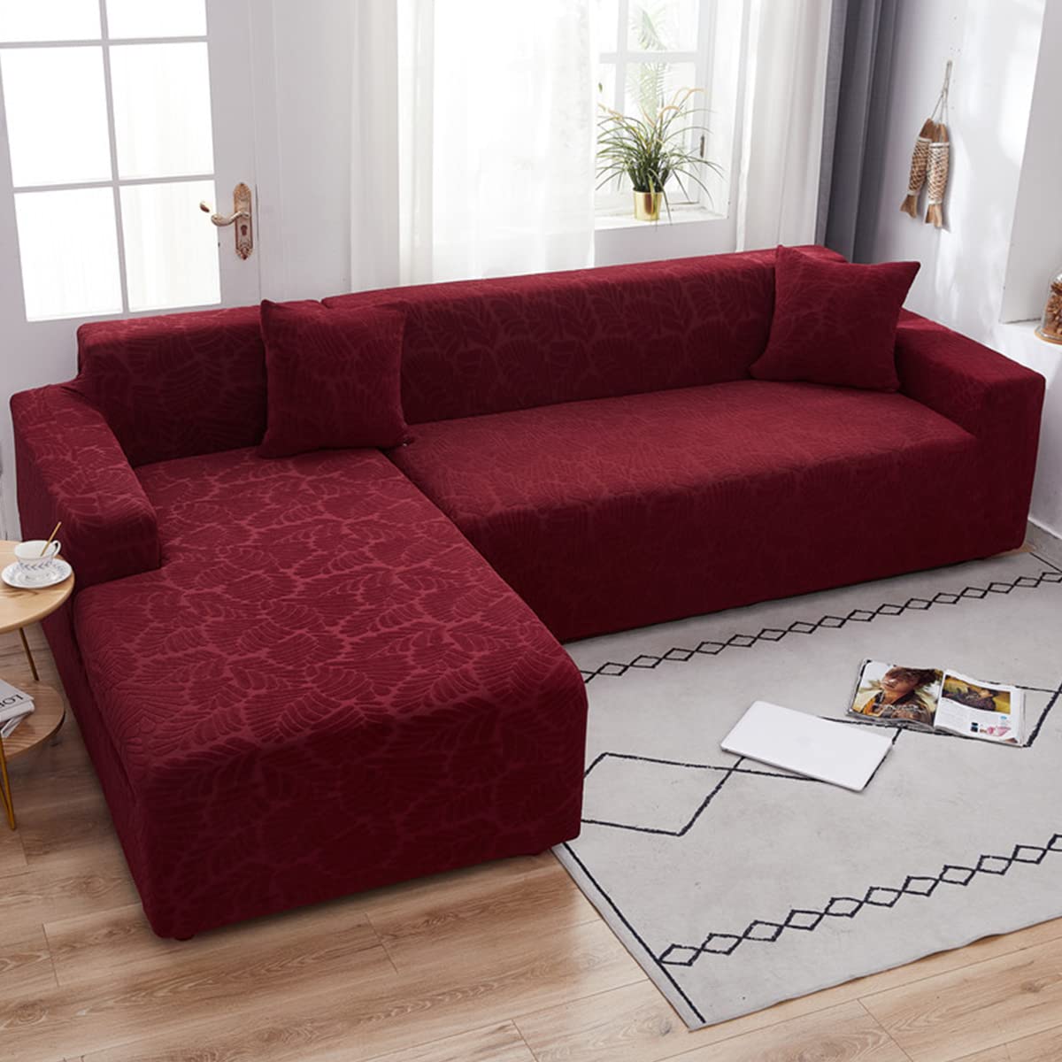 2-Seat Velvet Stretch Sofa Cover - Soft Plush Couch Protector for L-Shaped Sectional Sofas, Wine Red | Perfect for Living Room, Home Theater & Guest Room Furniture Protection