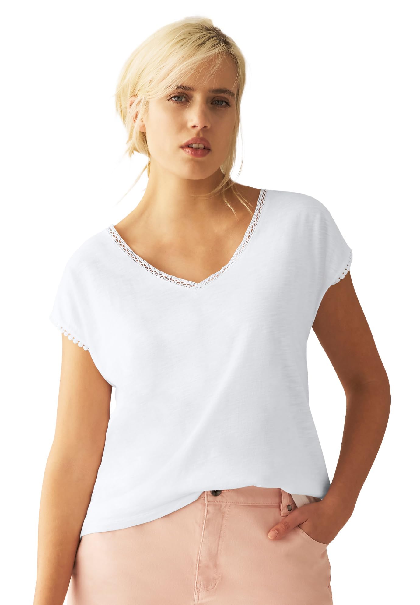 Ellos Women's Plus Size Crochet Trim T-Shirt - Soft & Stylish Casual Top for Everyday Wear, Date Night & Summer Outfits