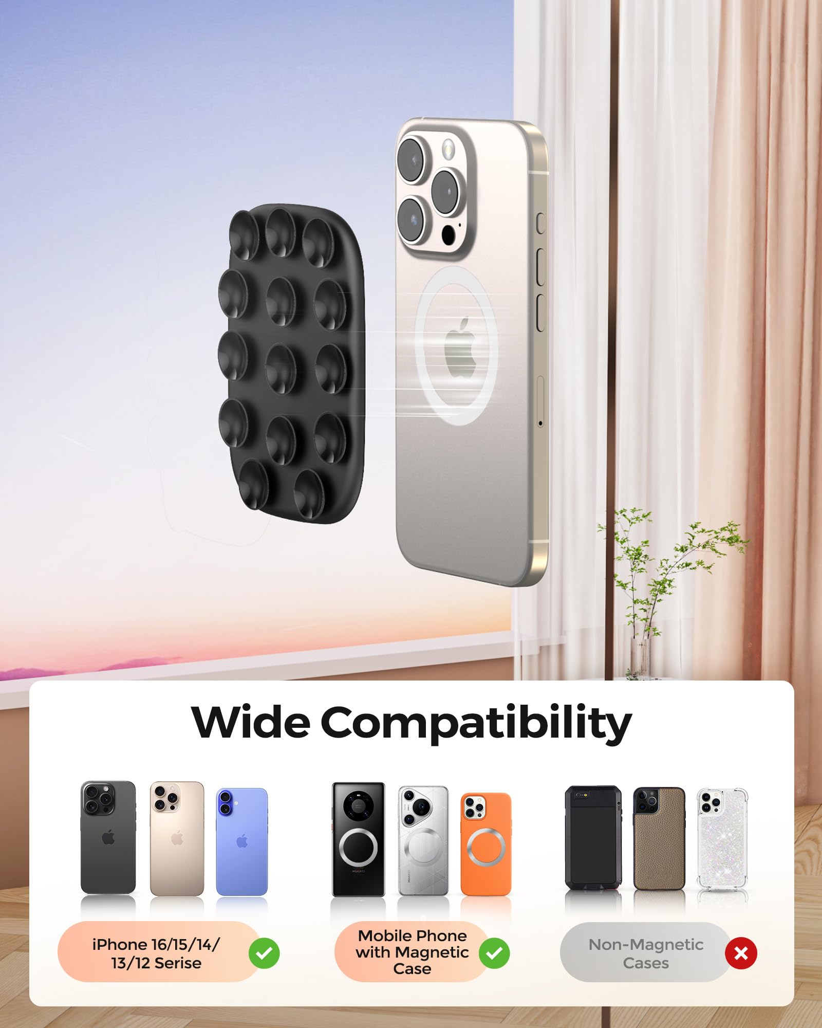 Magnetic Suction Phone Mount for MagSafe Case, Silicone Sticky Grip Holder for iPhone 16/15/14/13/12, Removable Hands-Free Selfie/Video for TikTok Influencers, Women Gift, Black - Perfect for Car, Desk, and Home Use
