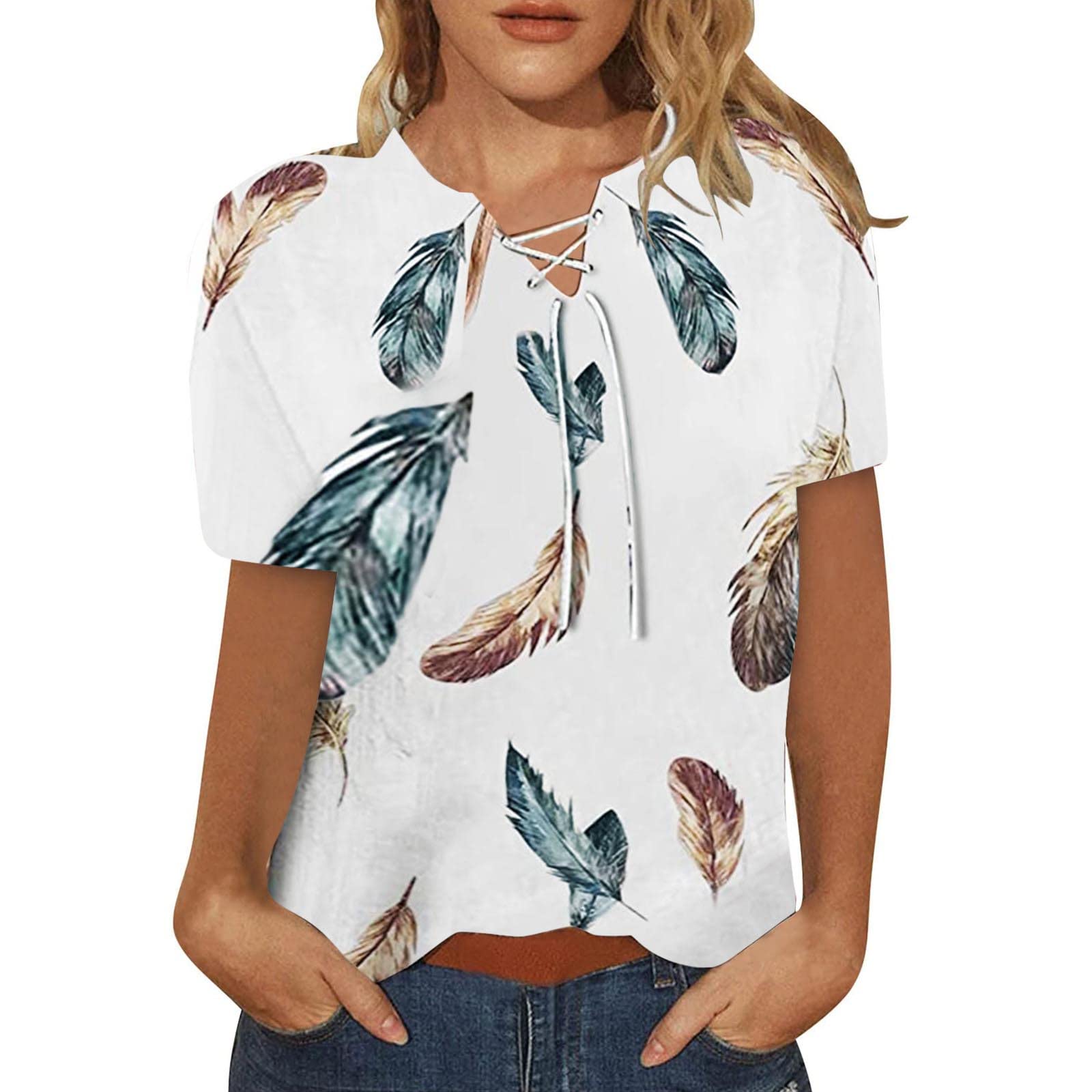 Women's Black Boho Blouse - Lace Up Front V-Neck Half Sleeve Printed Top for Casual Wear & Summer Outfits | Perfect for Office, Date Night & Vacation