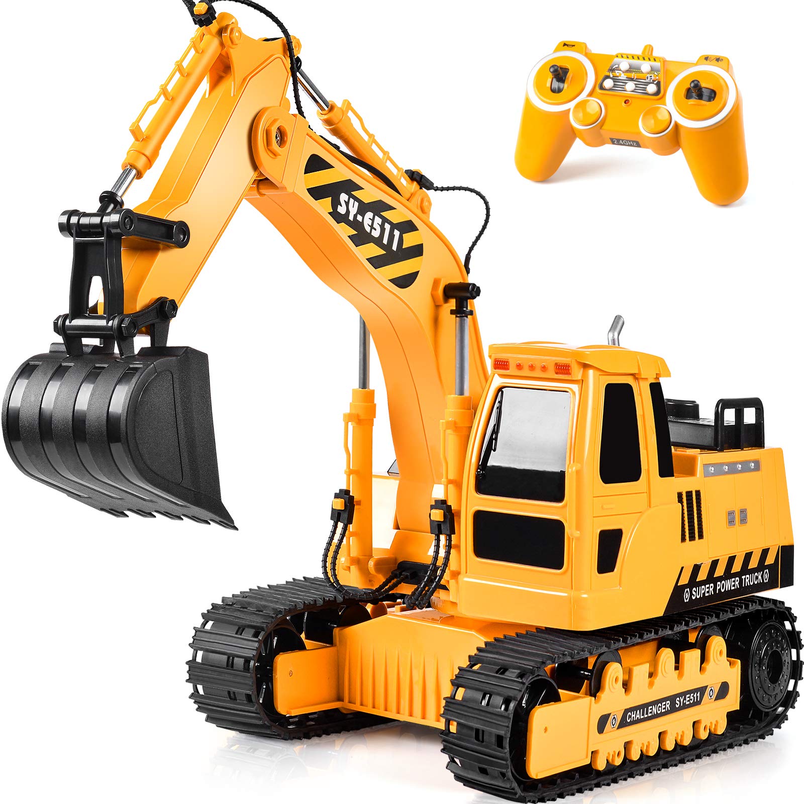 1:20 Scale Remote Control Excavator Toy - 3 Motor RC Construction Vehicle with 11 Channels, 2.4Ghz Transmitter, Lights & Sounds - Rechargeable RC Truck for Kids (Ideal for Construction Play, Outdoor Activities & STEM Learning)
