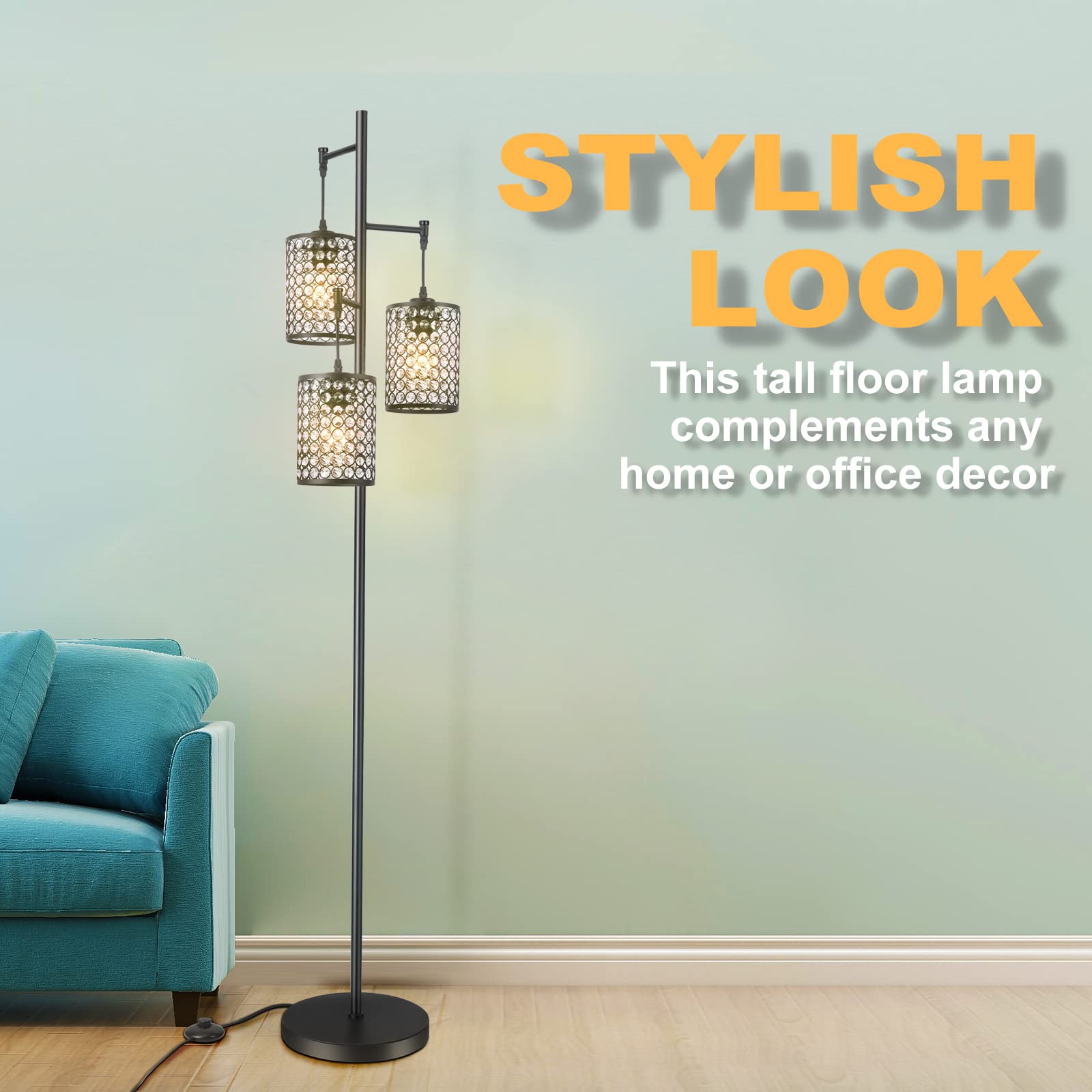 EE Eleven Master Modern 3-Light Tree Floor Lamp - Crystal Standing Lamp with On/Off Switch - Elegant Black Pole Light for Living Room, Bedroom, Office & Hotel - Perfect for Ambient Lighting and Home Decor