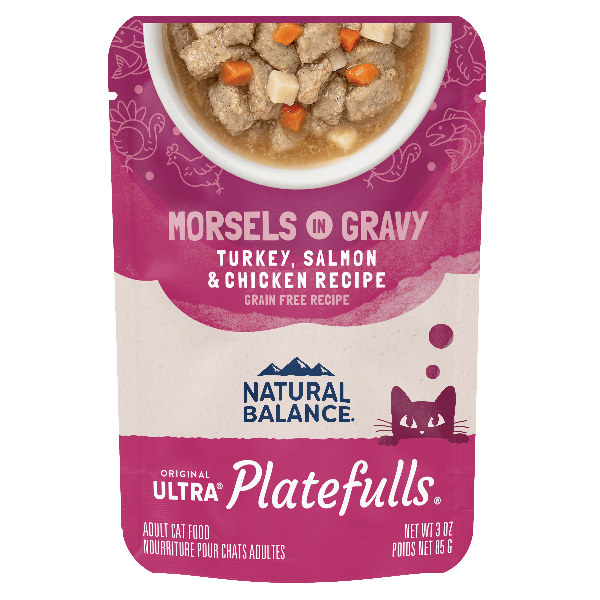 Natural Balance Platefulls Turkey, Salmon & Chicken Recipe Morsels in Gravy - Grain-Free Soft Cat Food Pouches for Adult & Senior Cats - Perfect for Picky Eaters & Mealtime Hydration