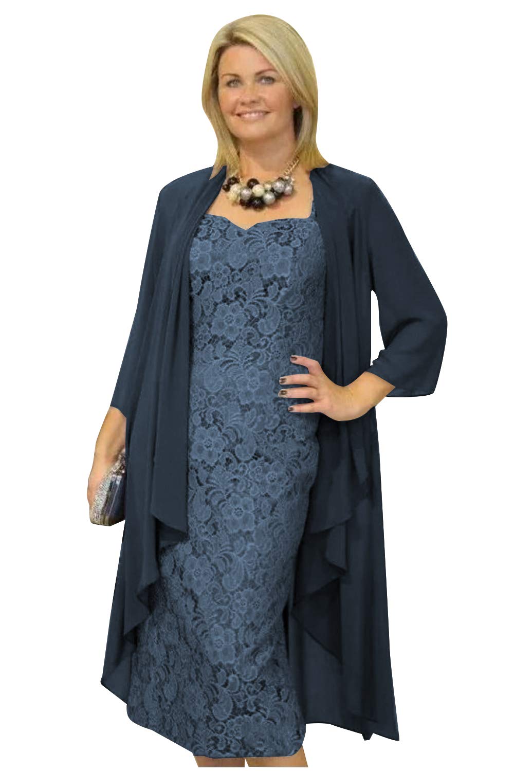 Elegant Navy Half Sleeve Lace Mother of The Bride Dress with Jacket - 2 Piece Tea Length Formal Outfit for Weddings, Parties & Special Occasions