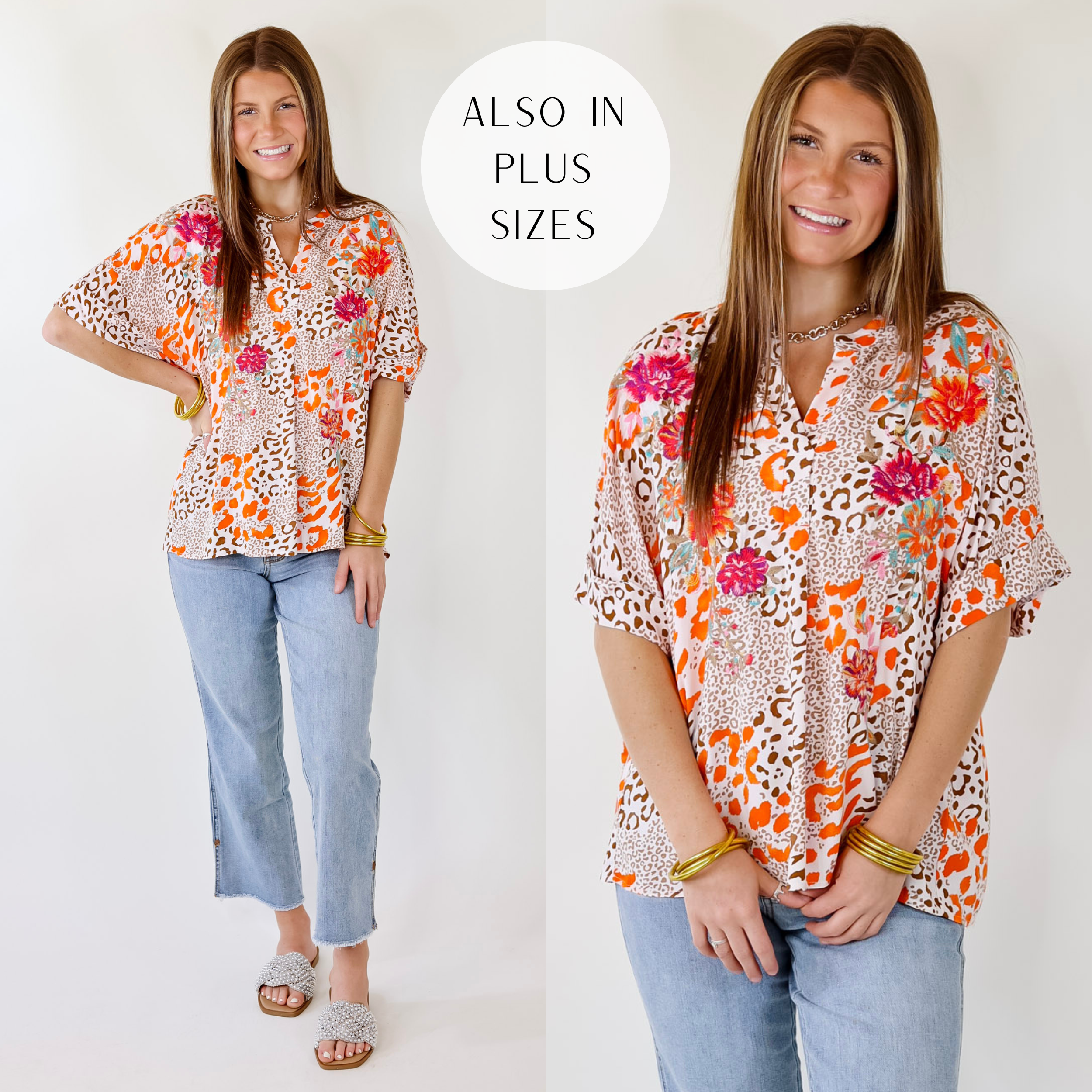 By Chance Leopard Print Short Sleeve Top with Floral Embroidery - Ivory Blouse for Women | Perfect for Casual Outings, Date Nights & Summer Fashion