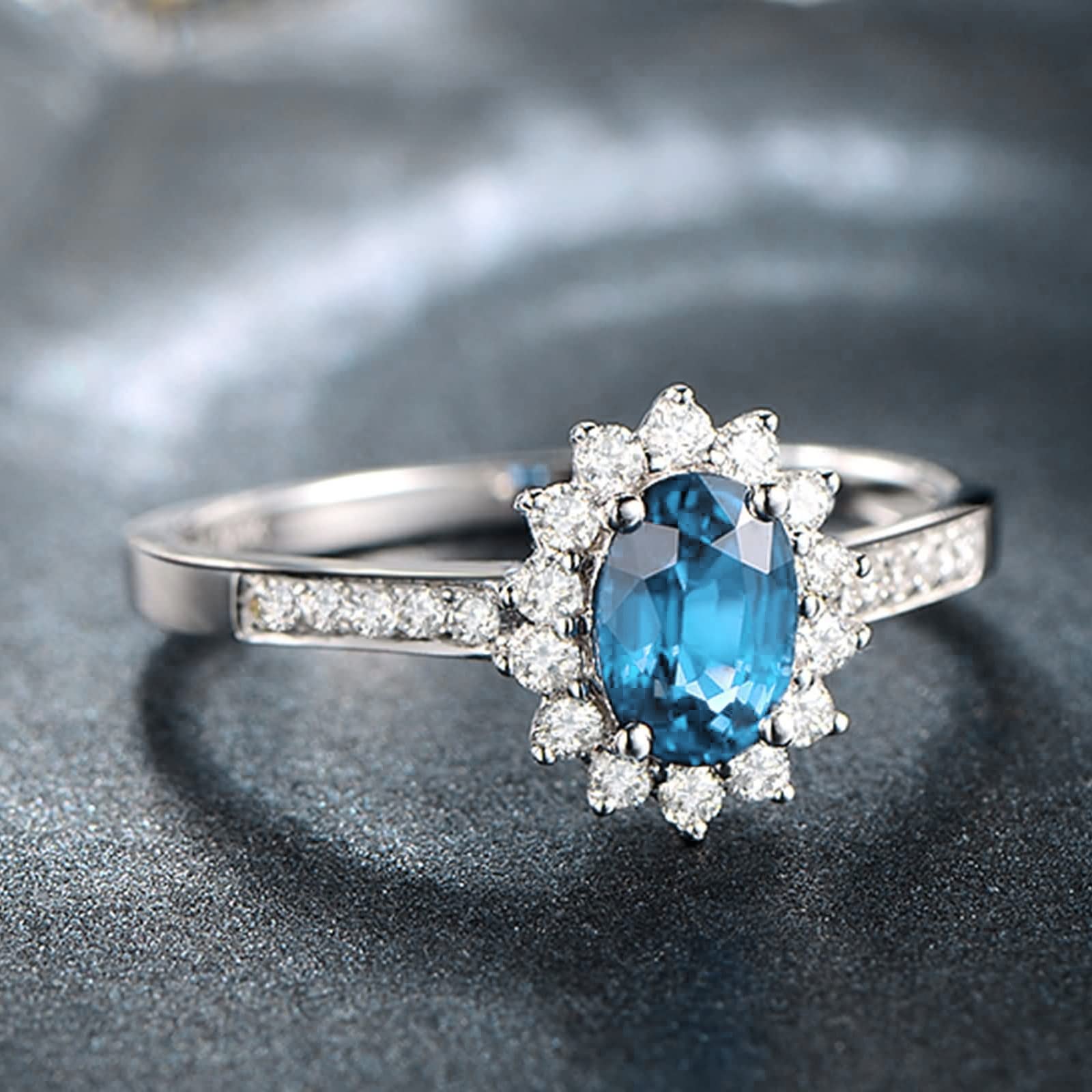 Gualiy Sterling Silver Cubic Zirconia Rings - Elegant Flower Design with Oval Ocean Blue CZ Stone, Promise & Wedding Rings for Women (Size 4-11) | Perfect for Engagement, Anniversary Gifts & Special Occasions