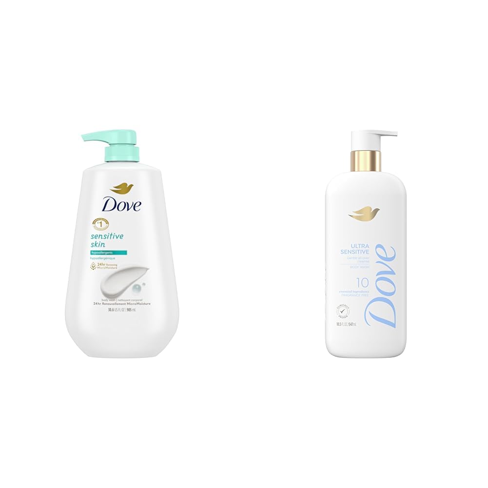 Dove Sensitive Skin Body Wash Hypoallergenic Fragrance-Free 30.6oz & 18.5oz Bundle for Ultra Sensitive Skin - Gentle Daily Shower & Bath Cleanser for Dry, Irritated Skin Relief