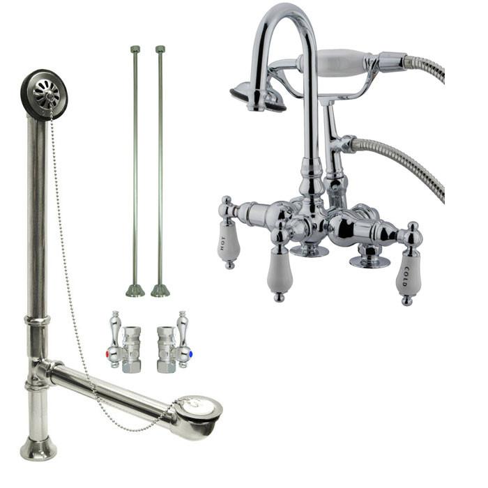 Chrome Deck Mount Clawfoot Tub Faucet with Hand Shower and Drain Stops - CC18T1 System | Perfect for Vintage Bathroom Renovations and Freestanding Bathtub Installations