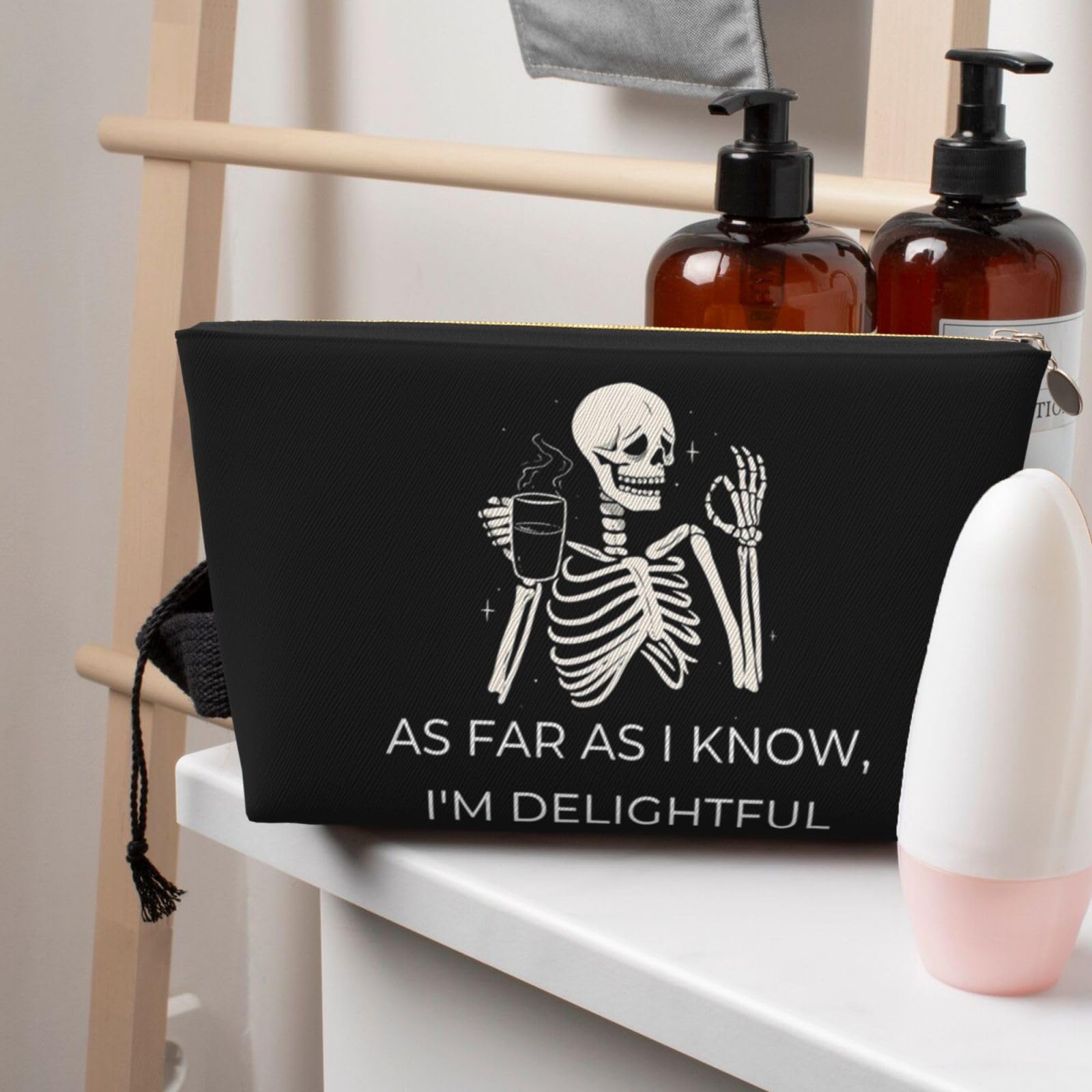 Waterproof PVC Leather Travel Makeup Bag with Zipper - Portable Cosmetic Organizer for Women & Girls, Aesthetic Skeleton Design - Perfect for Travel, Gym & Daily Use
