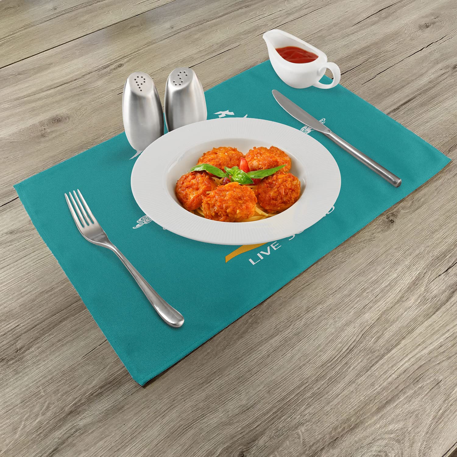 Ambesonne 4-Piece Guitar Placemats Set - Abstract Music Theme with Birds on Strings & Clouds Design | Washable Fabric Table Mats for Dining Room & Kitchen Decor in Turquoise, Marigold & White | Perfect for Music Lovers' Dinner Parties & Themed Home Decor