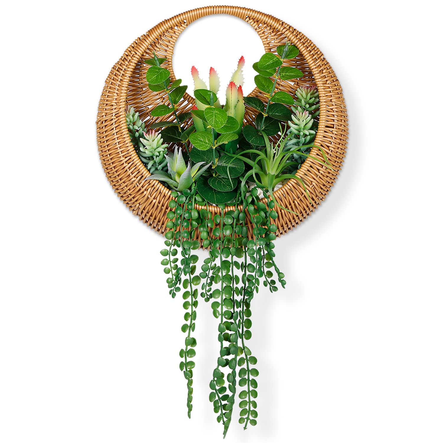 Artificial Succulent Wall Decor - Hanging Faux Plants in Woven Basket for Boho Home Decor, Living Room, Bedroom & Office - Perfect for Wall Plaques, Door Wreaths and Modern Interior Design