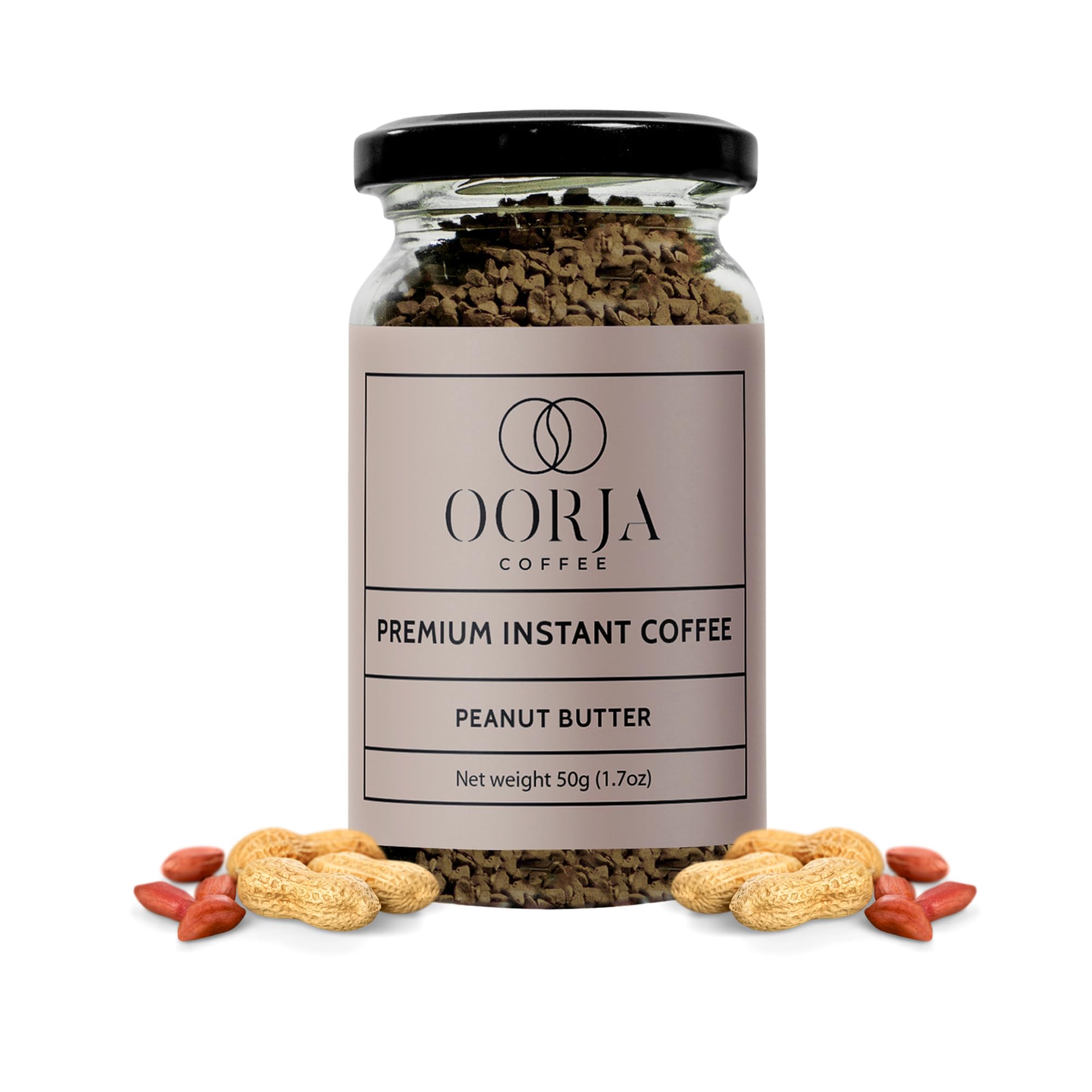 OORJA Peanut Butter Flavored Instant Coffee Granules - 100% Arabica Medium Roast Freeze Dried Coffee for Hot & Iced Drinks, 25 Servings | Perfect for Office, Travel & Home Brewing